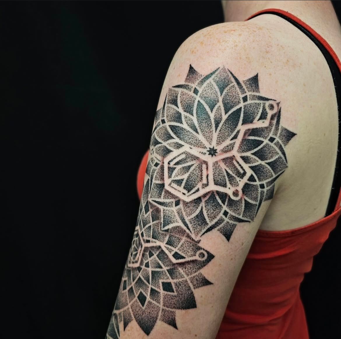 Molecular Structures Inside Dotwork Mandala Tattoo by Alex Arnautov at Black Gold Tattoo Co in Edmonton Alberta Canada