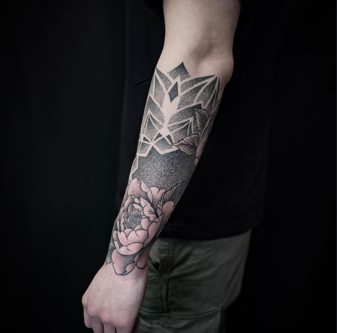 Peony and Dotwork Mandala Tattoo by Alex Arnautov at Black Gold Tattoo Co in Edmonton Alberta Canada