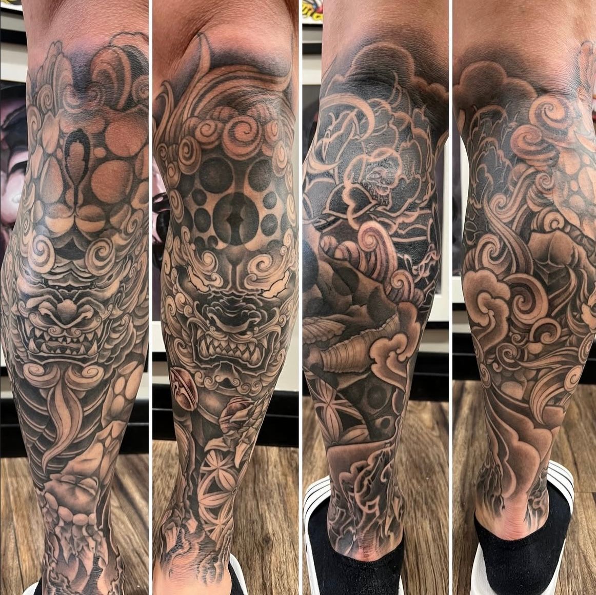 Fudog Half Leg Sleeves by Brain Dangerfield at Black Gold Tattoo Co in Edmonton Alberta Canada