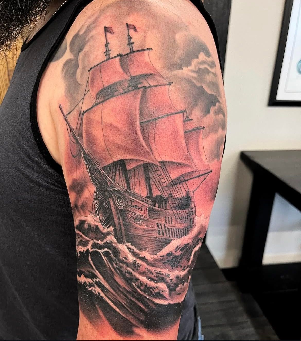 Ship Tattoo by Chad Lavers at Crimson Empire Tattoo in Edmonton Alberta Canada