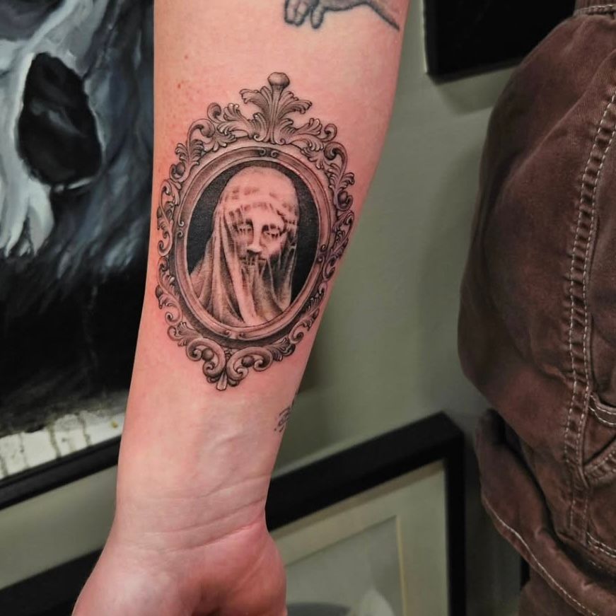 Veiled Statue Tattoo by Ian Wang at Black Gold Tattoo Co in Edmonton Alberta Canada