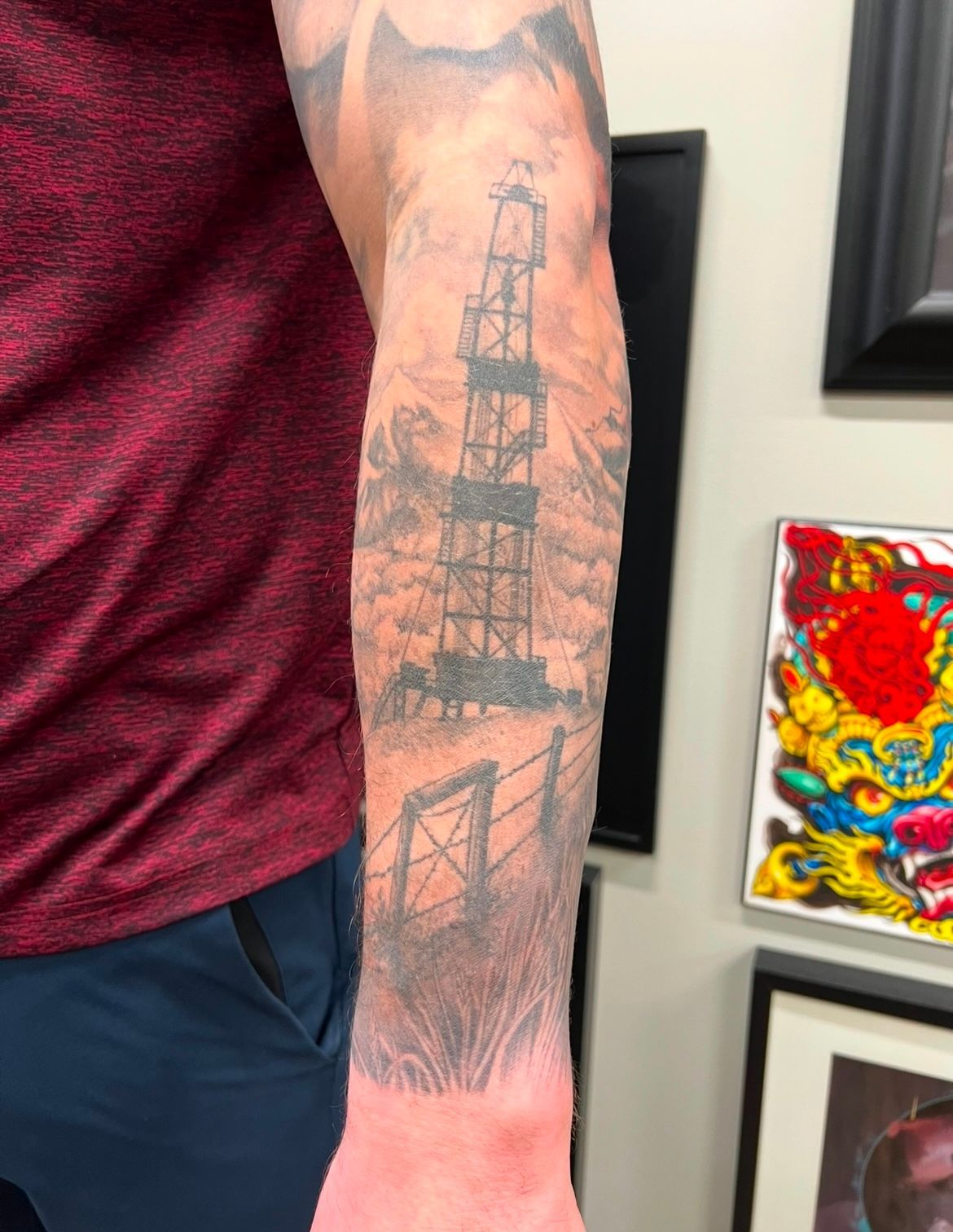 Oil Rig Tattoo by Kevin Sherritt at Black Gold Tattoo Co in Edmonton Alberta Canada