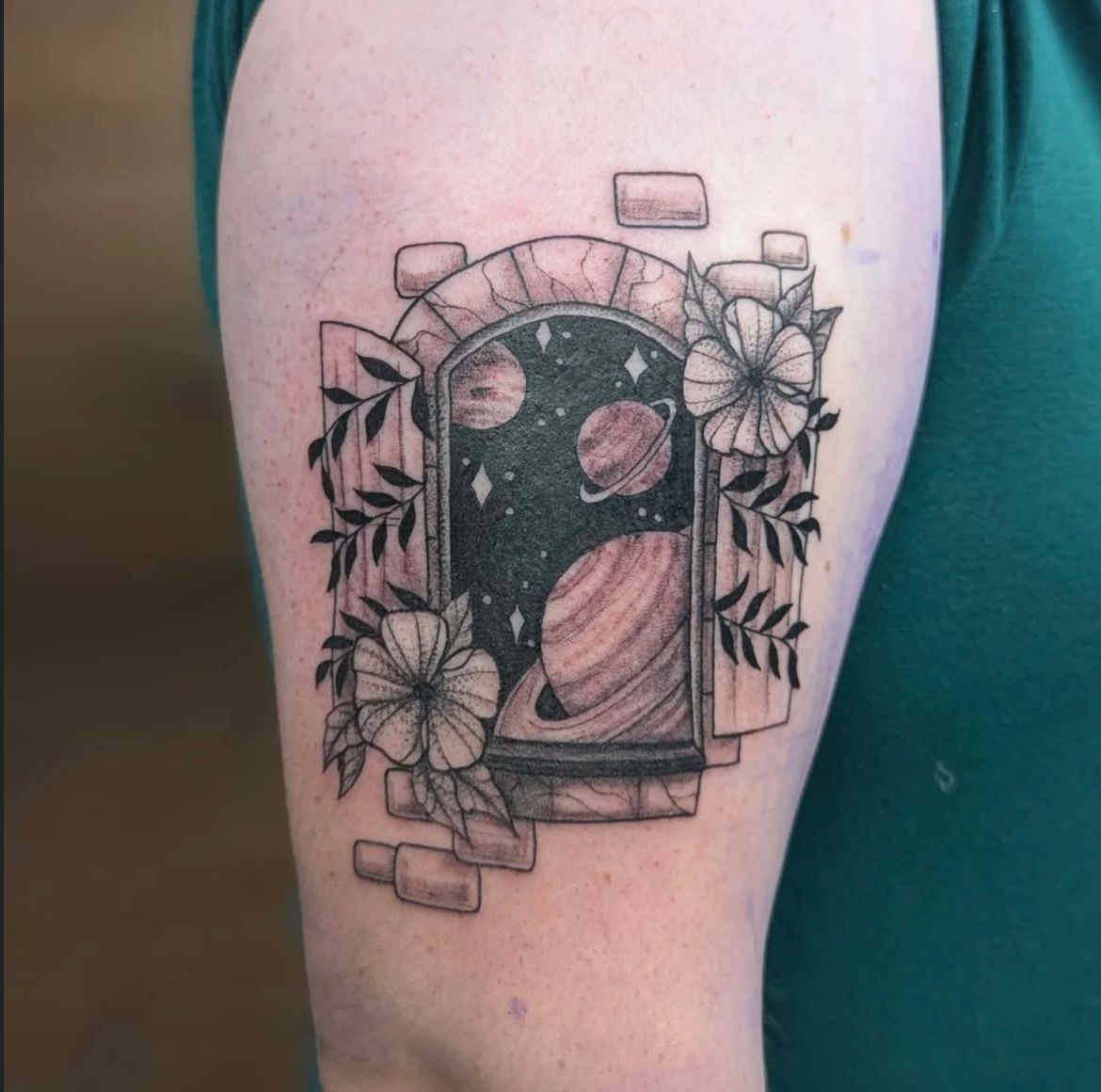 Space and Floral Tattoo by Samantha Hnatiw at Crimson Empire Tattoo in Edmonton Alberta Canada