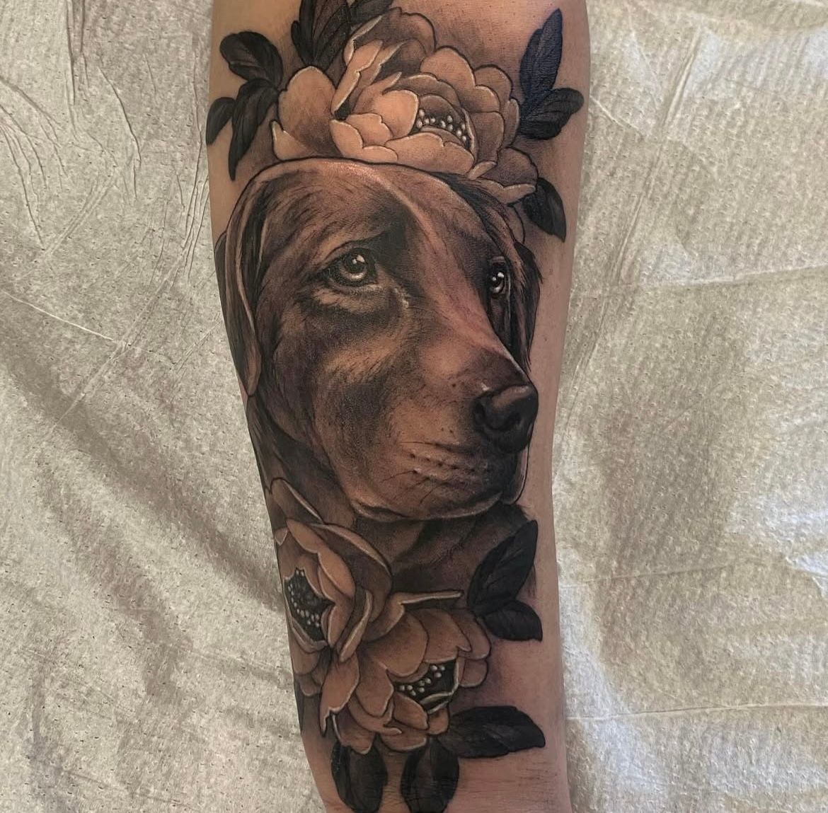 Dog Portrait and Peonies Tattoo by Sasha Day at Crimson Empire Tattoo in Edmonton Alberta Canada