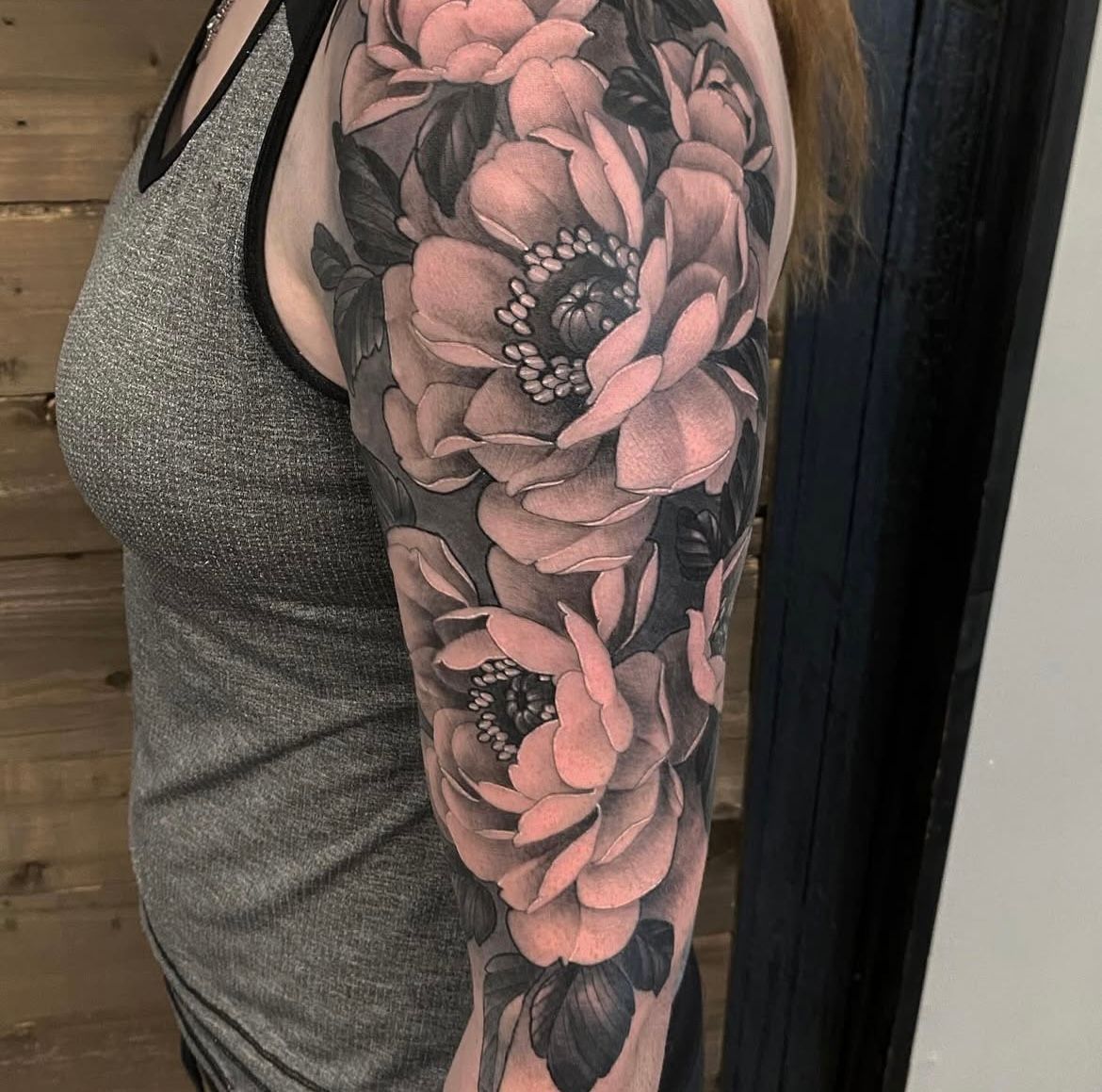 Peonies Tattoo by Sasha Day at Crimson Empire Tattoo in Edmonton Alberta Canada