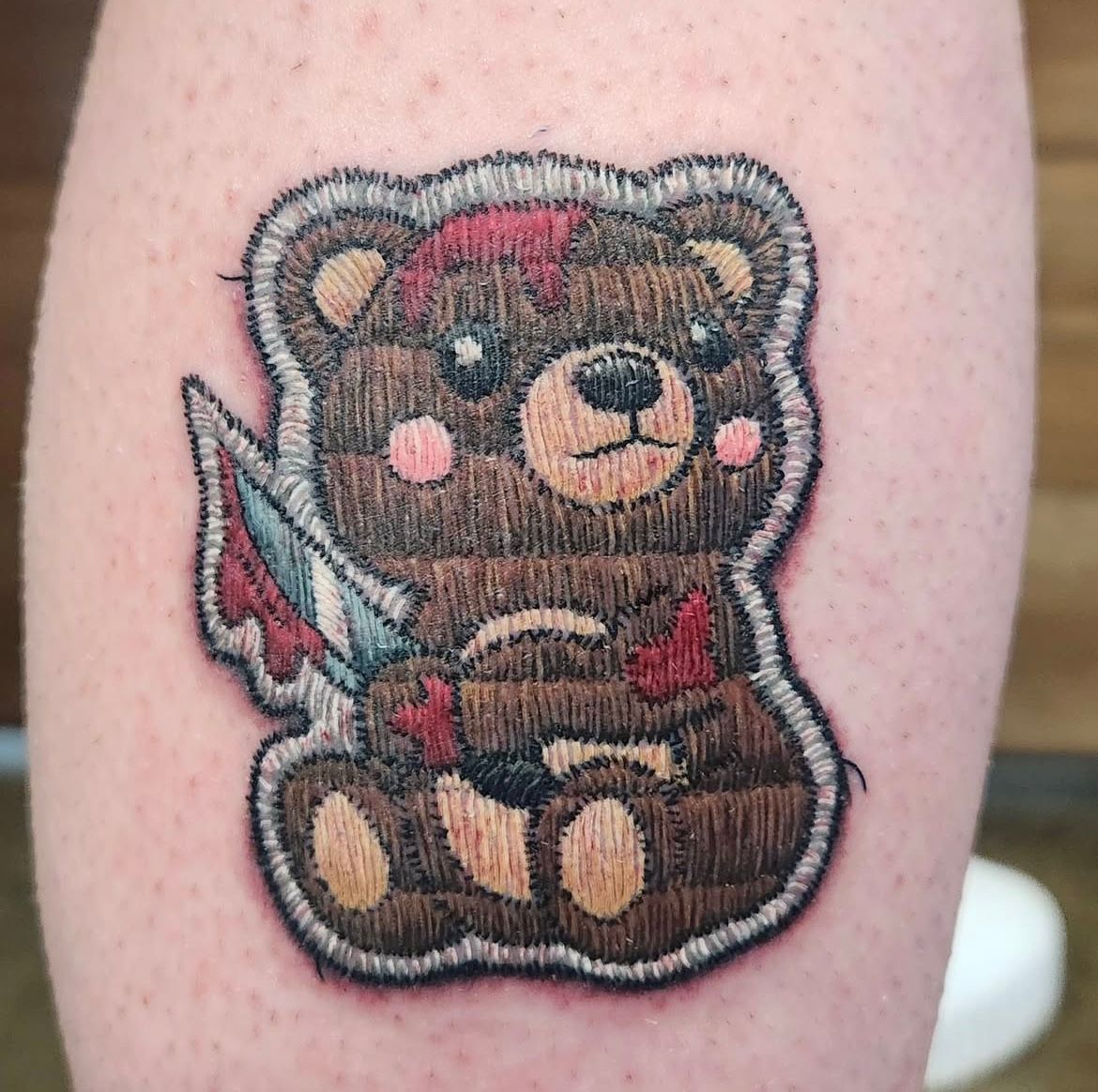 Patch Style Bear Tattoo by Sheila Anderson at Crimson Empire Tattoo in Edmonton Alberta Canada