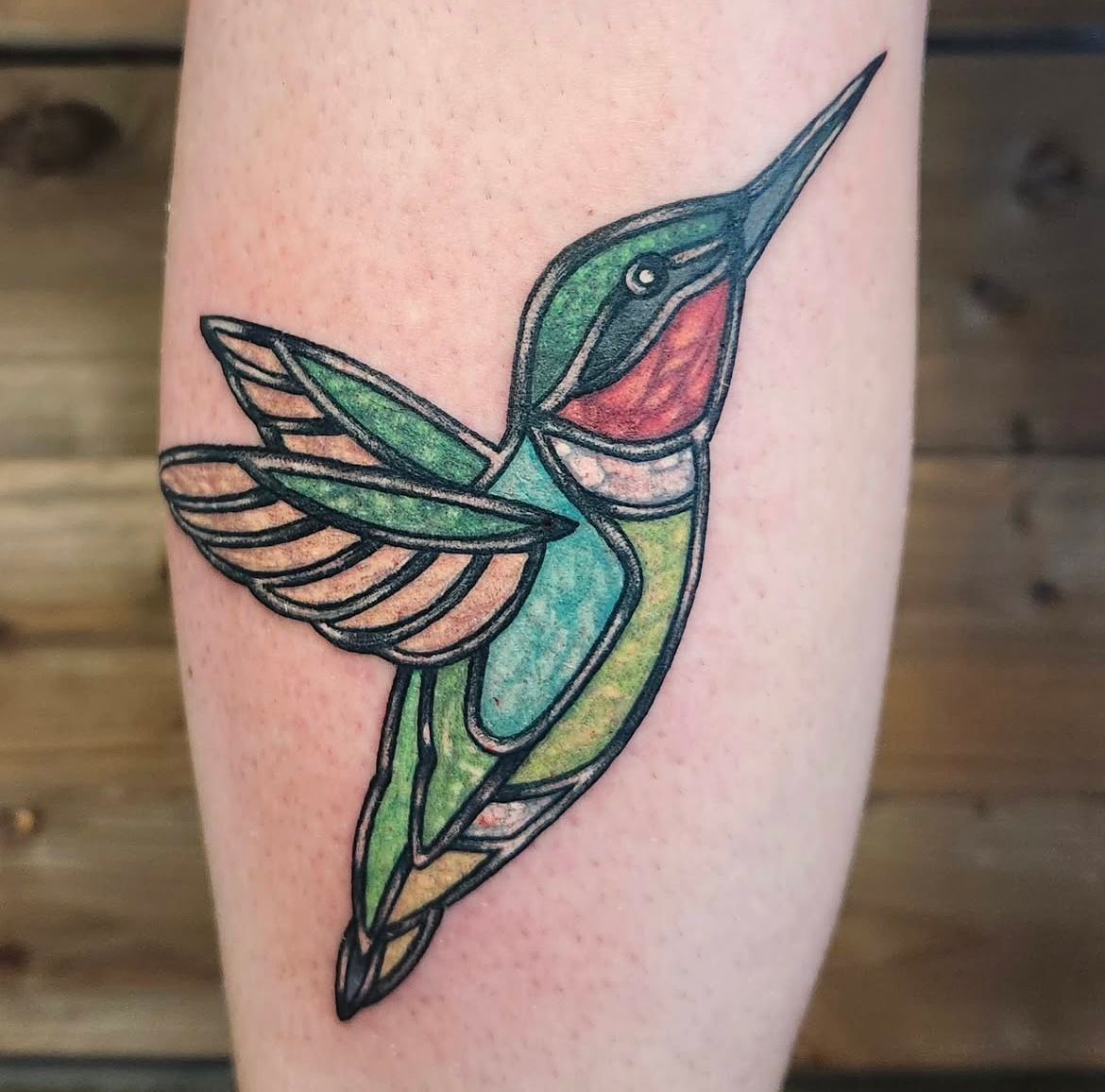 Stained Glass Hummingbird Tattoo by Sheila Anderson at Crimson Empire Tattoo in Edmonton Alberta Canada