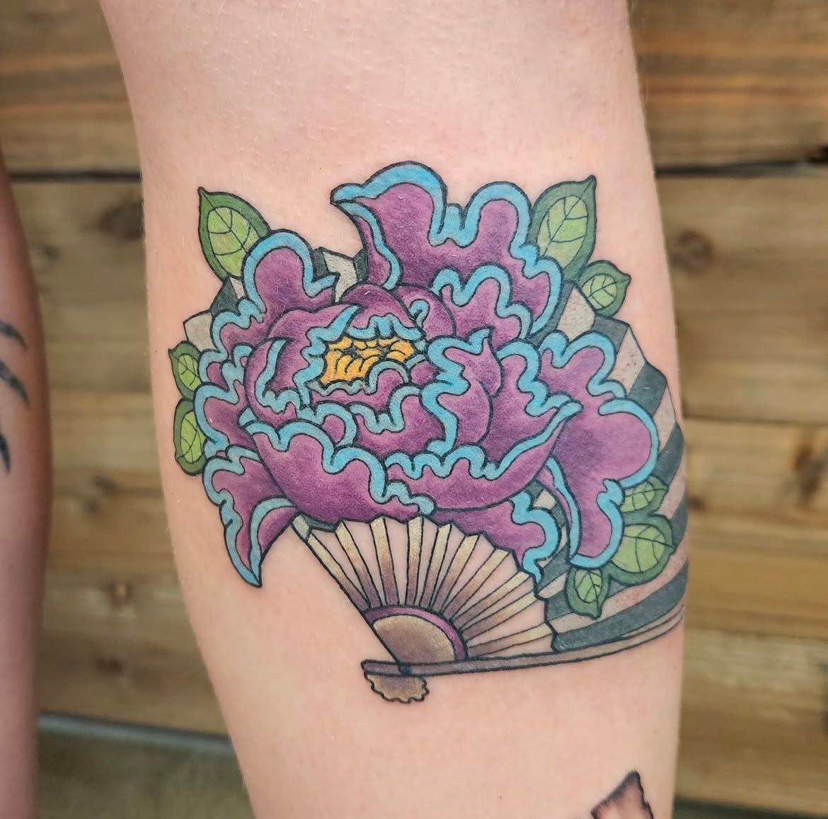 Peony and Fan Tattoo by Sheila Anderson at Crimson Empire Tattoo in Edmonton Alberta Canada