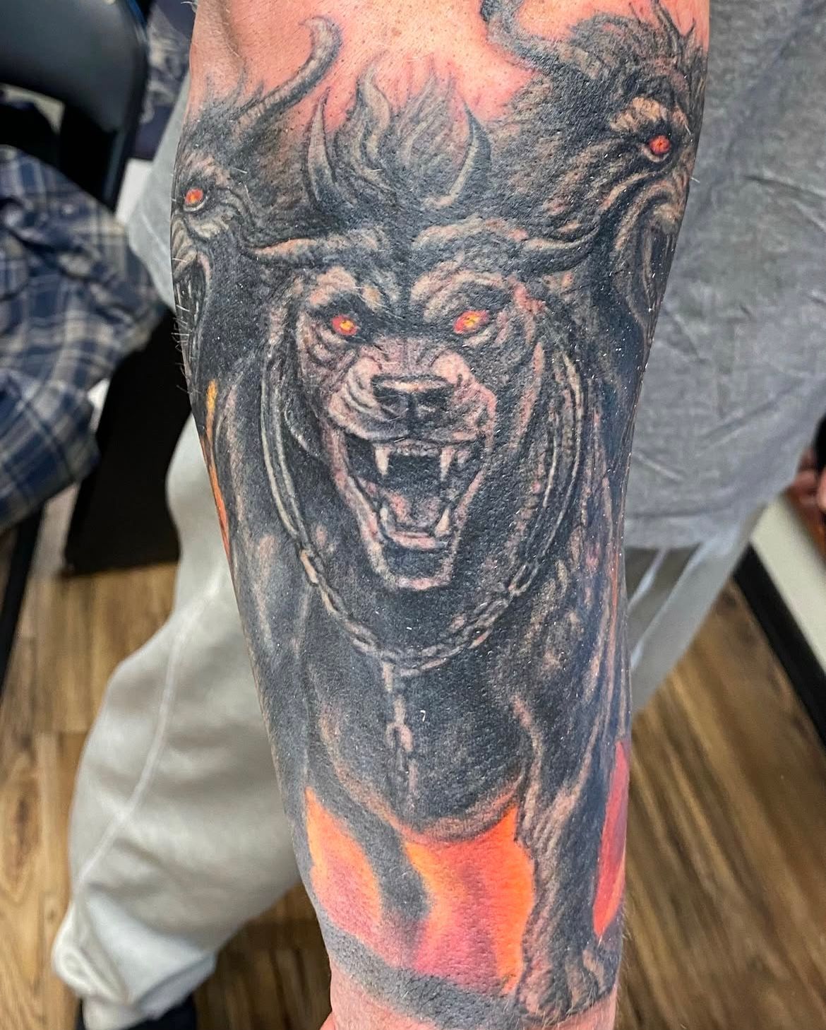 Cerberus Tattoo by Steve Hayes at Black Gold Tattoo Co in Edmonton Alberta Canada