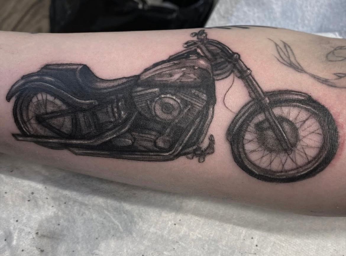 Motorcycle Tattoo by Steve Hayes at Black Gold Tattoo Co in Edmonton Alberta Canada