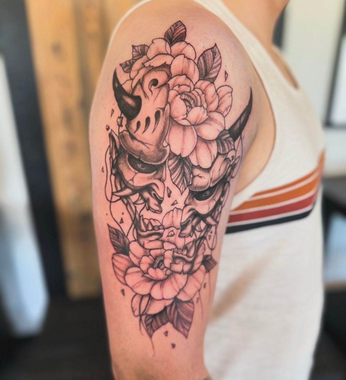 Split Hannya and Peonies Tattoo by Vinny Nguyen at Crimson Empire Tattoo in Edmonton Alberta Canada