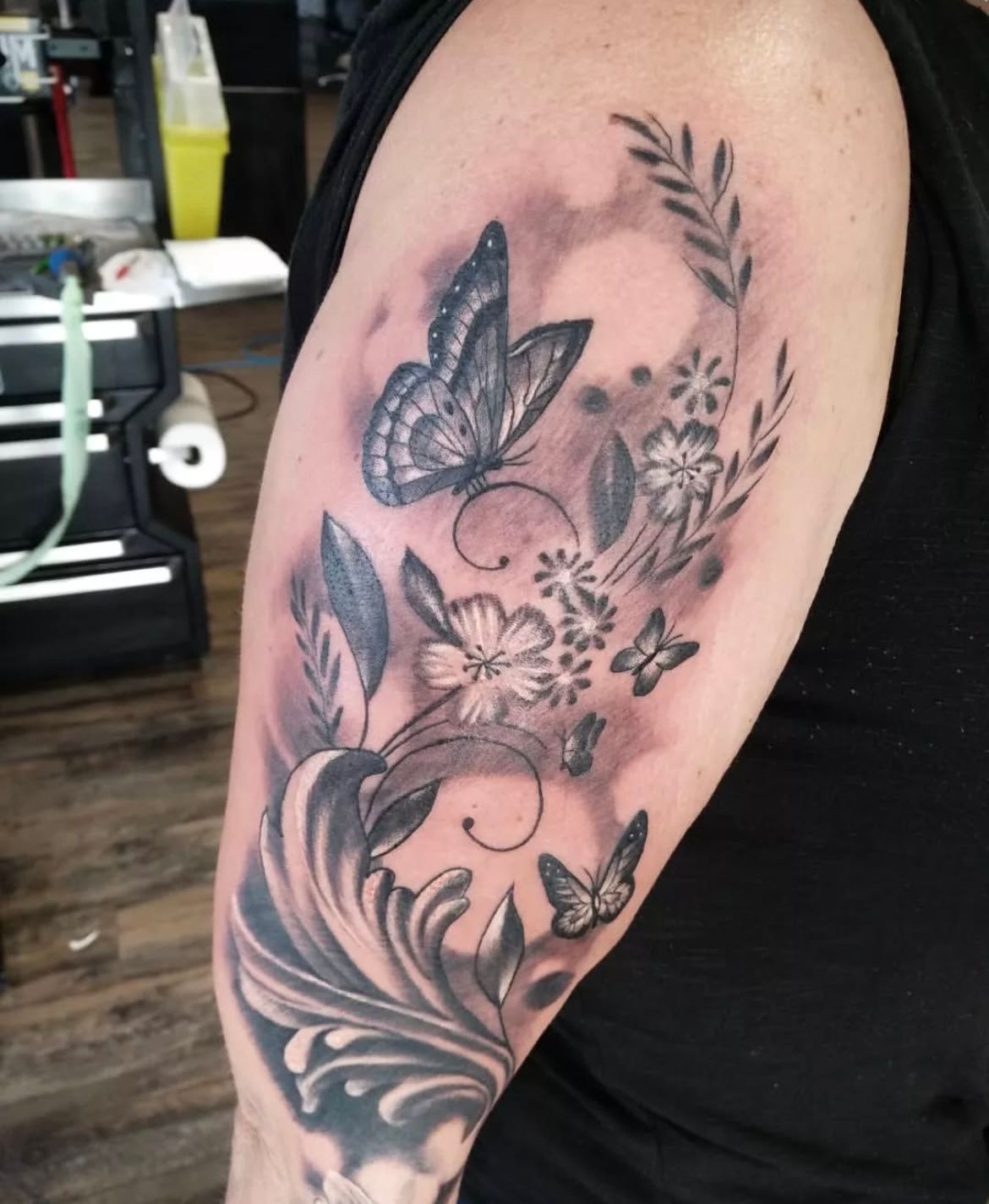 Butterfly, Floral and Filigree Tattoo by Toby Shipman at Silver Ghost Tattoo in Edmonton Alberta Canada