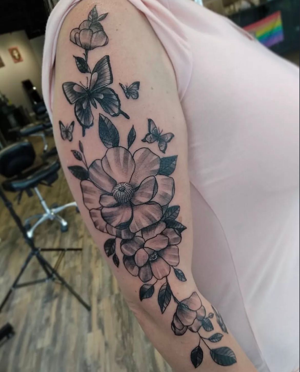 Butterfly and Floral Tattoo by Toby Shipman at Silver Ghost Tattoo in Edmonton Alberta Canada