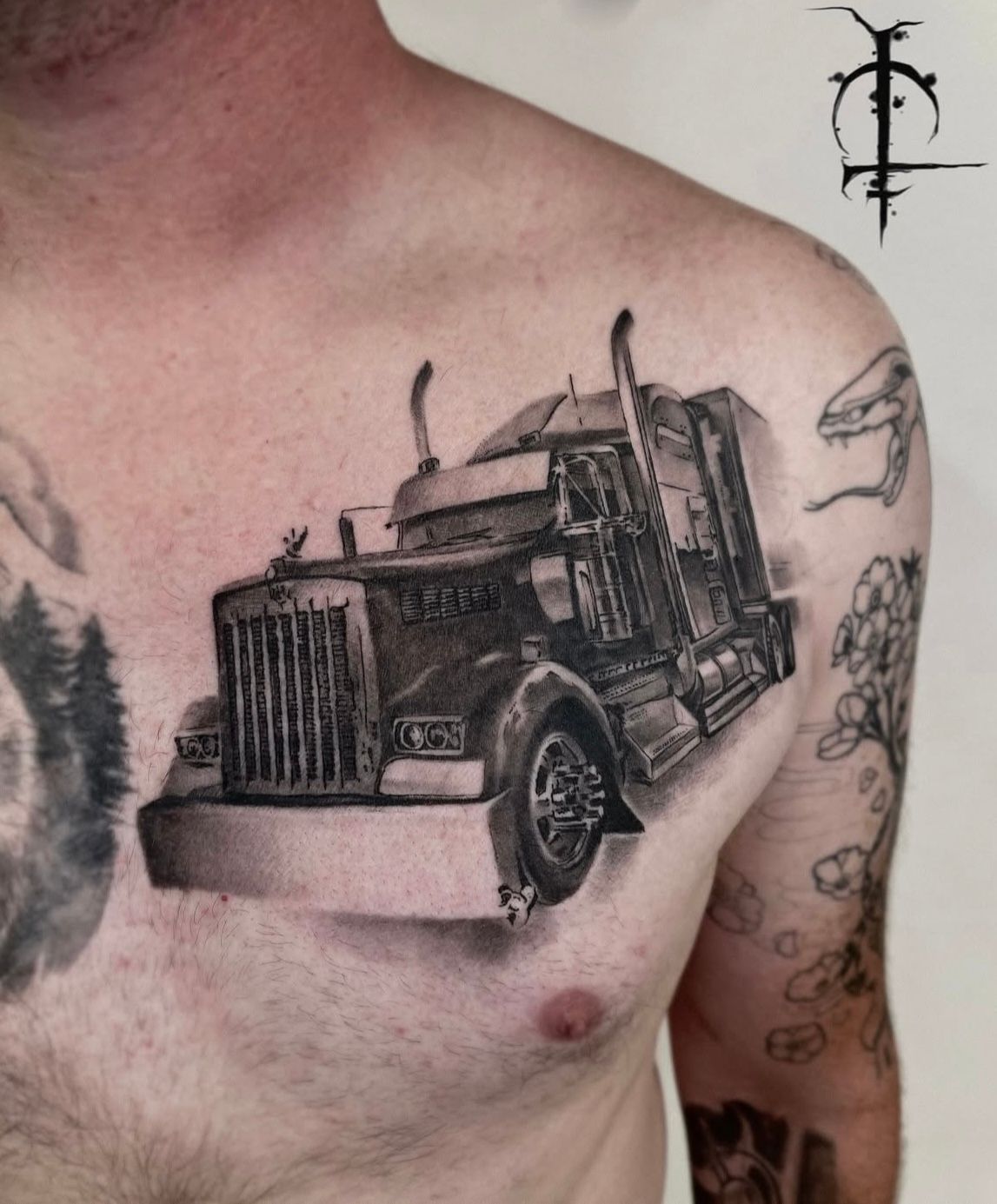 Semi Truck Tattoo by Val at Silver Ghost Tattoo in Edmonton Alberta Canada