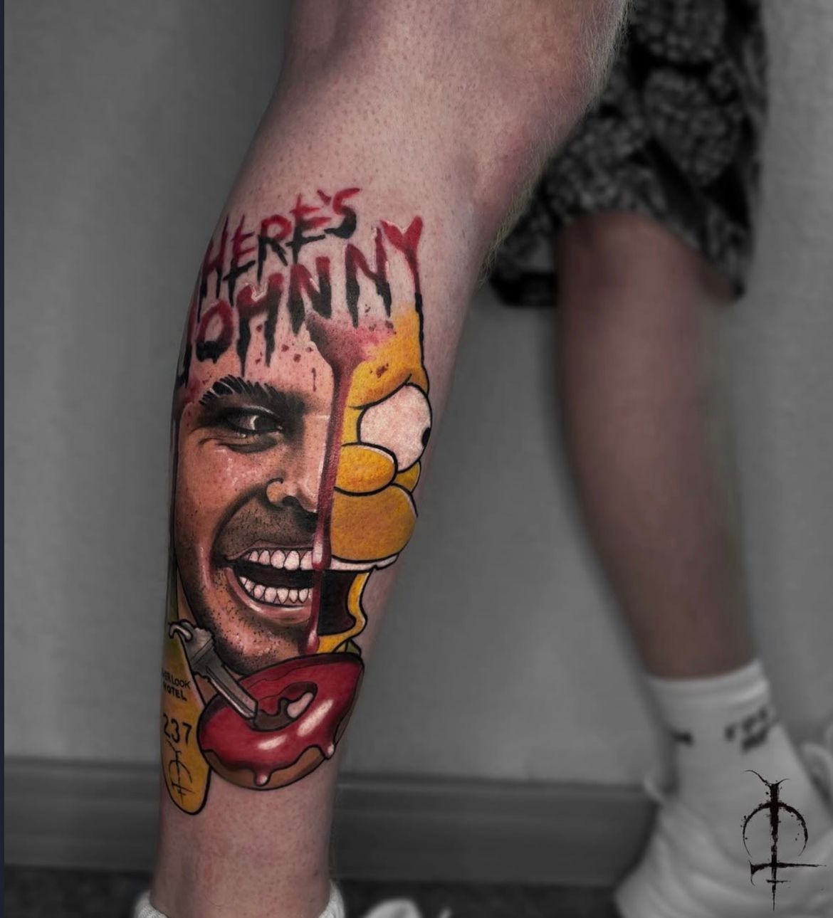 The Shining Homer Split Tattoo by Val at Silver Ghost Tattoo in Edmonton Alberta Canada