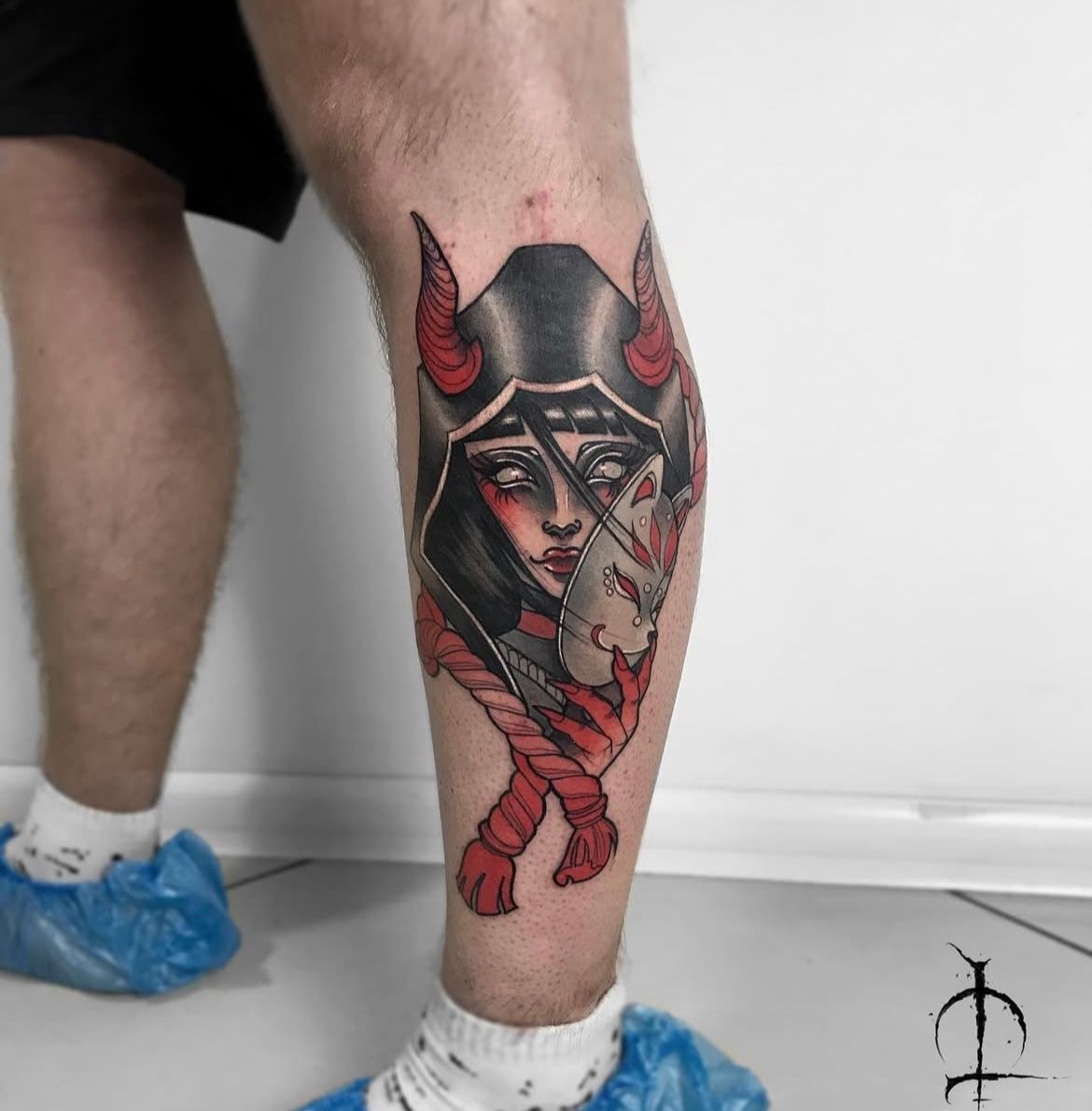 Demon and Kitsune Mask Tattoo by Val at Silver Ghost Tattoo in Edmonton Alberta Canada