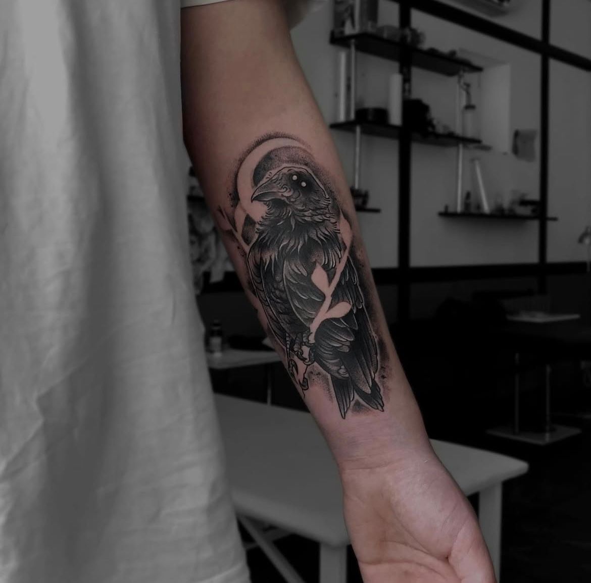 Raven Tattoo by Val at Silver Ghost Tattoo in Edmonton Alberta Canada