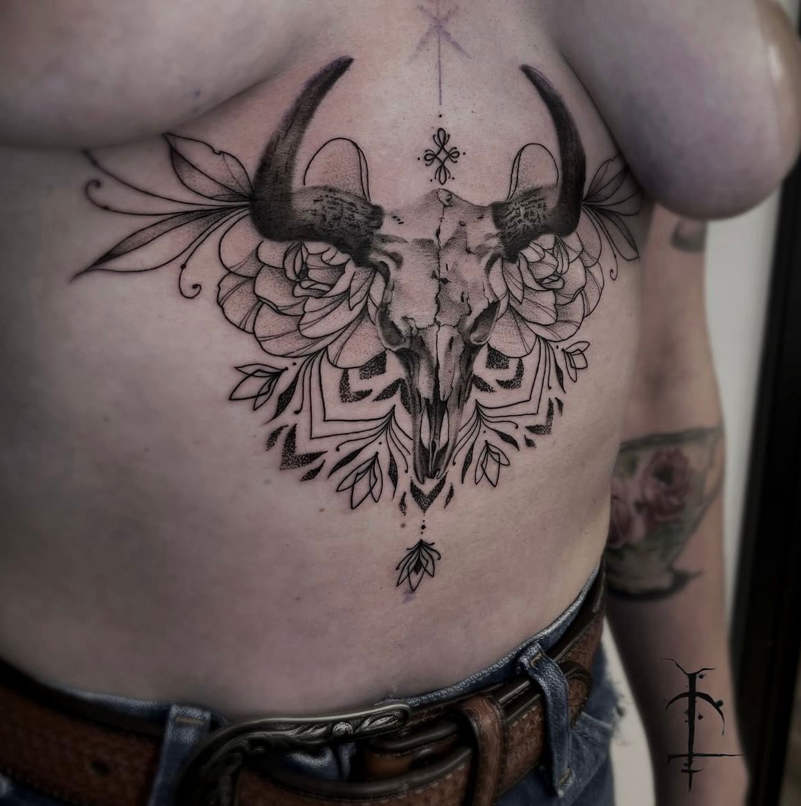 Bull Skull and Mandala Tattoo by Val at Silver Ghost Tattoo in Edmonton Alberta Canada