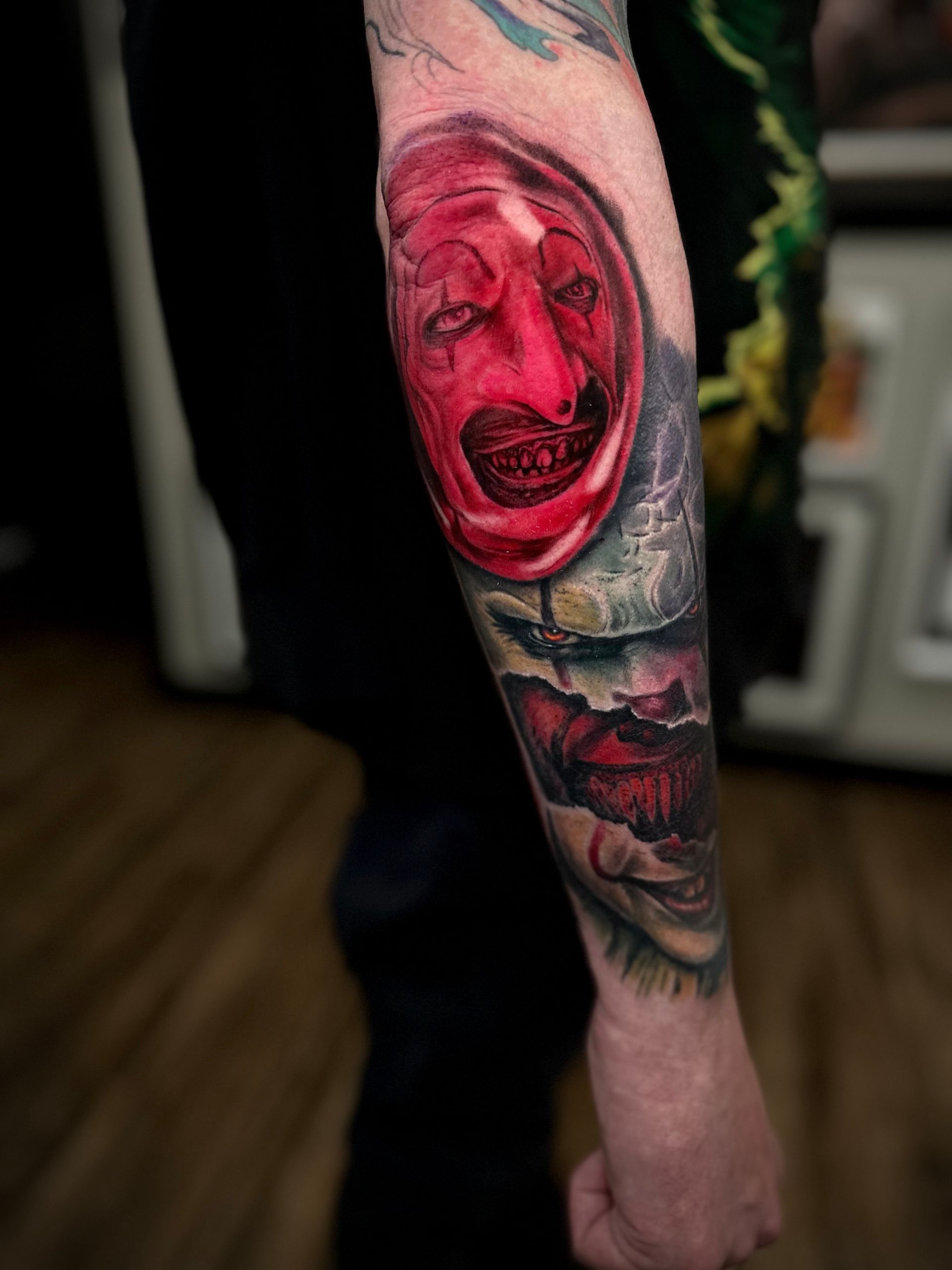 Terrifyer and Pennywise Tattoo by Jackson Sukhov at Black Gold Tattoo Co in Edmonton Alberta Canada