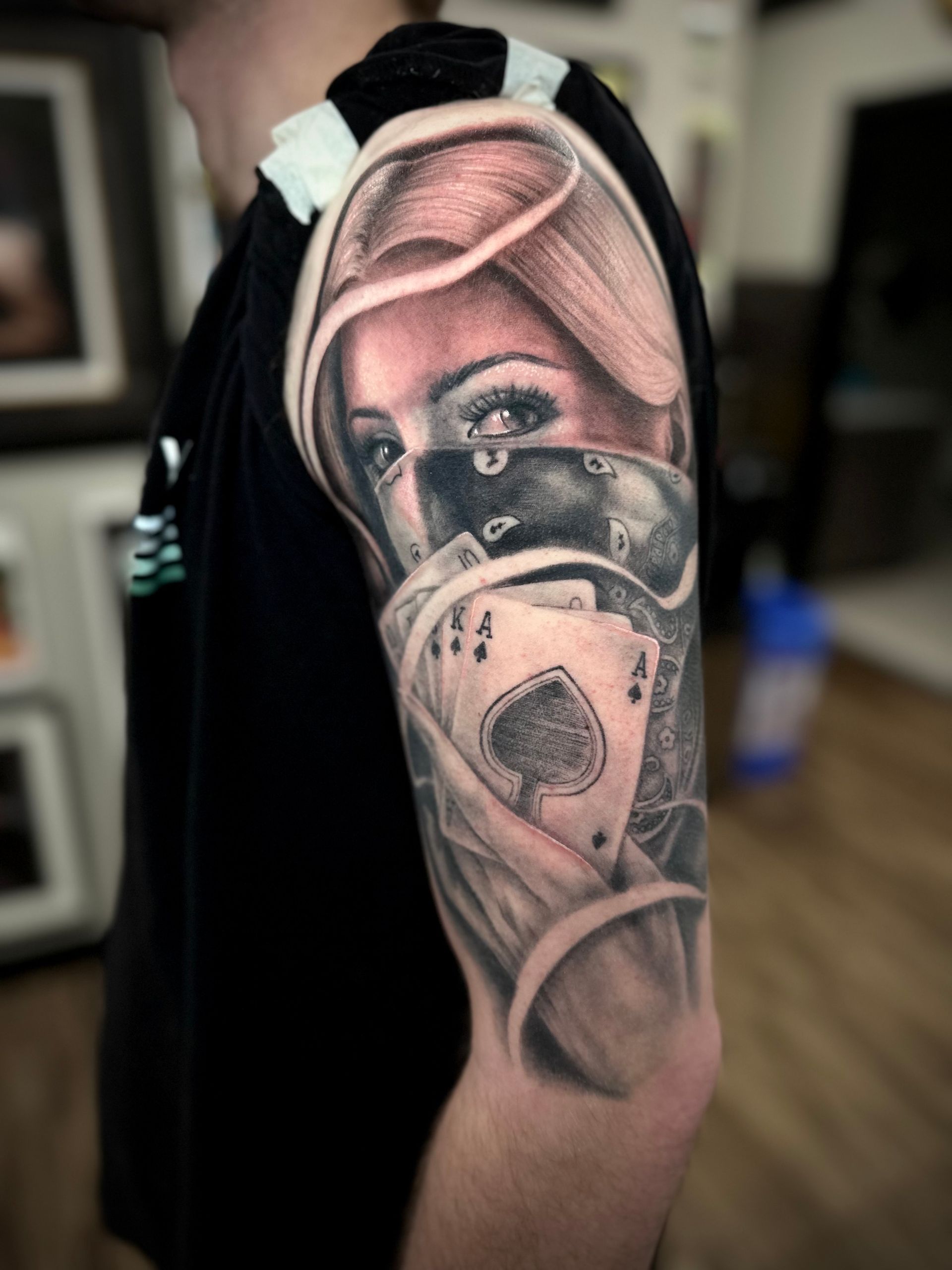 Female Bandit Tattoo by Jackson Sukhov at Black Gold Tattoo Co in Edmonton Alberta Canada