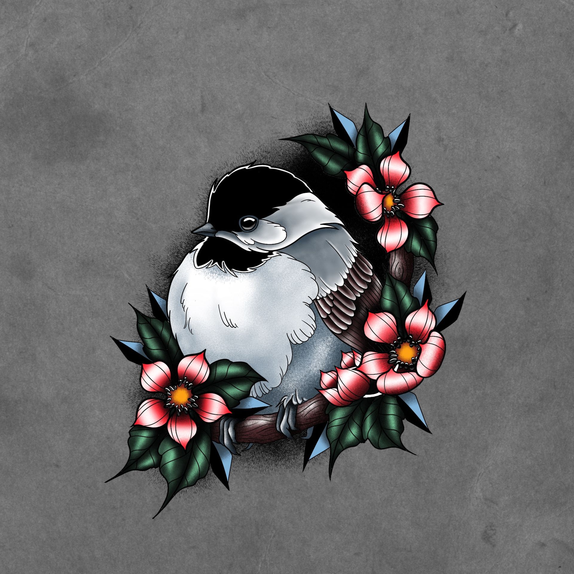 Chickadee Flash Design by Samantha Hnatiw at Crimson Empire Tattoo in Edmonton Alberta Canada
