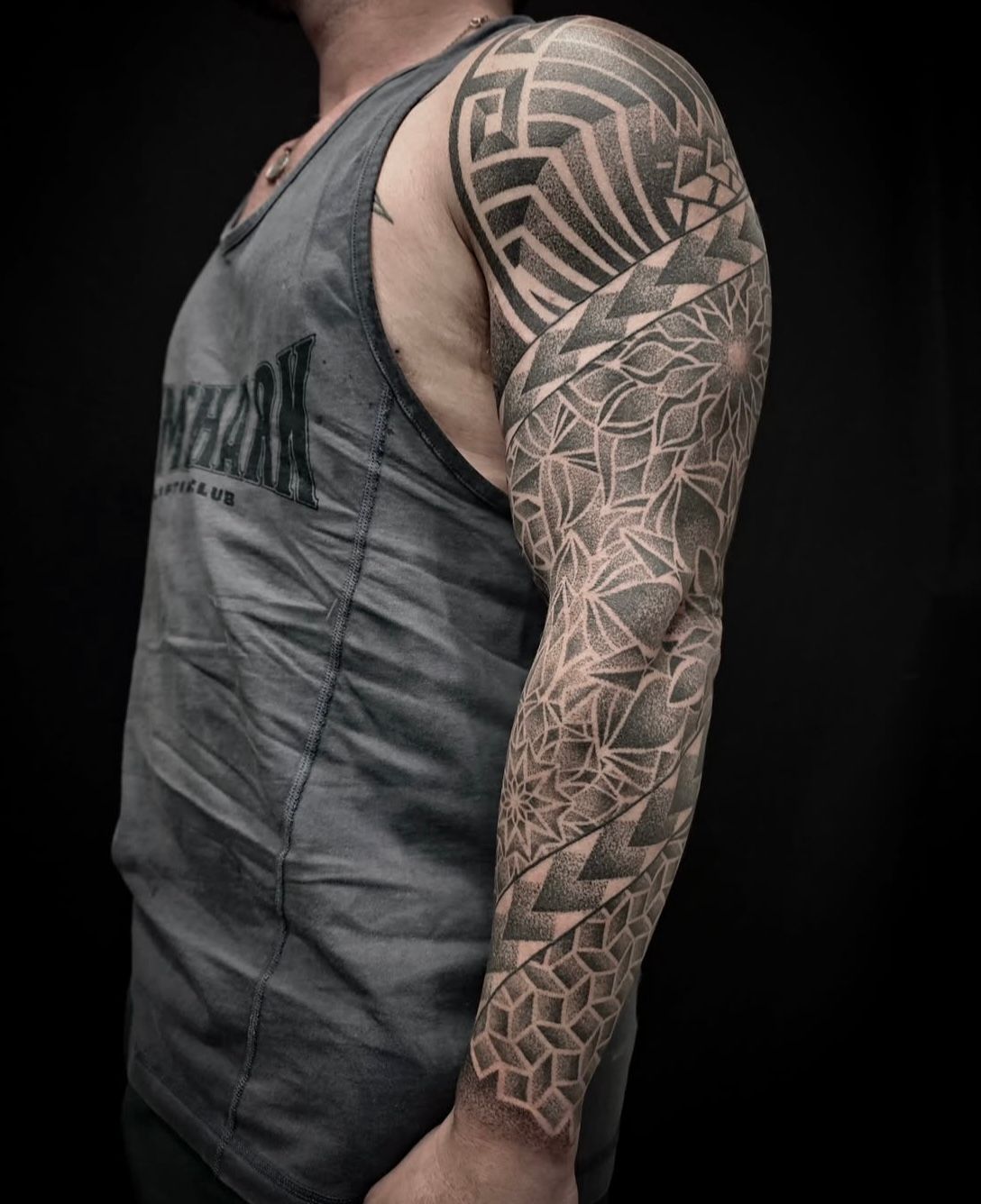Geometric Dotwork Sleeve by Alex Arnautov at Black Gold Tattoo Co in Edmonton Alberta Canada
