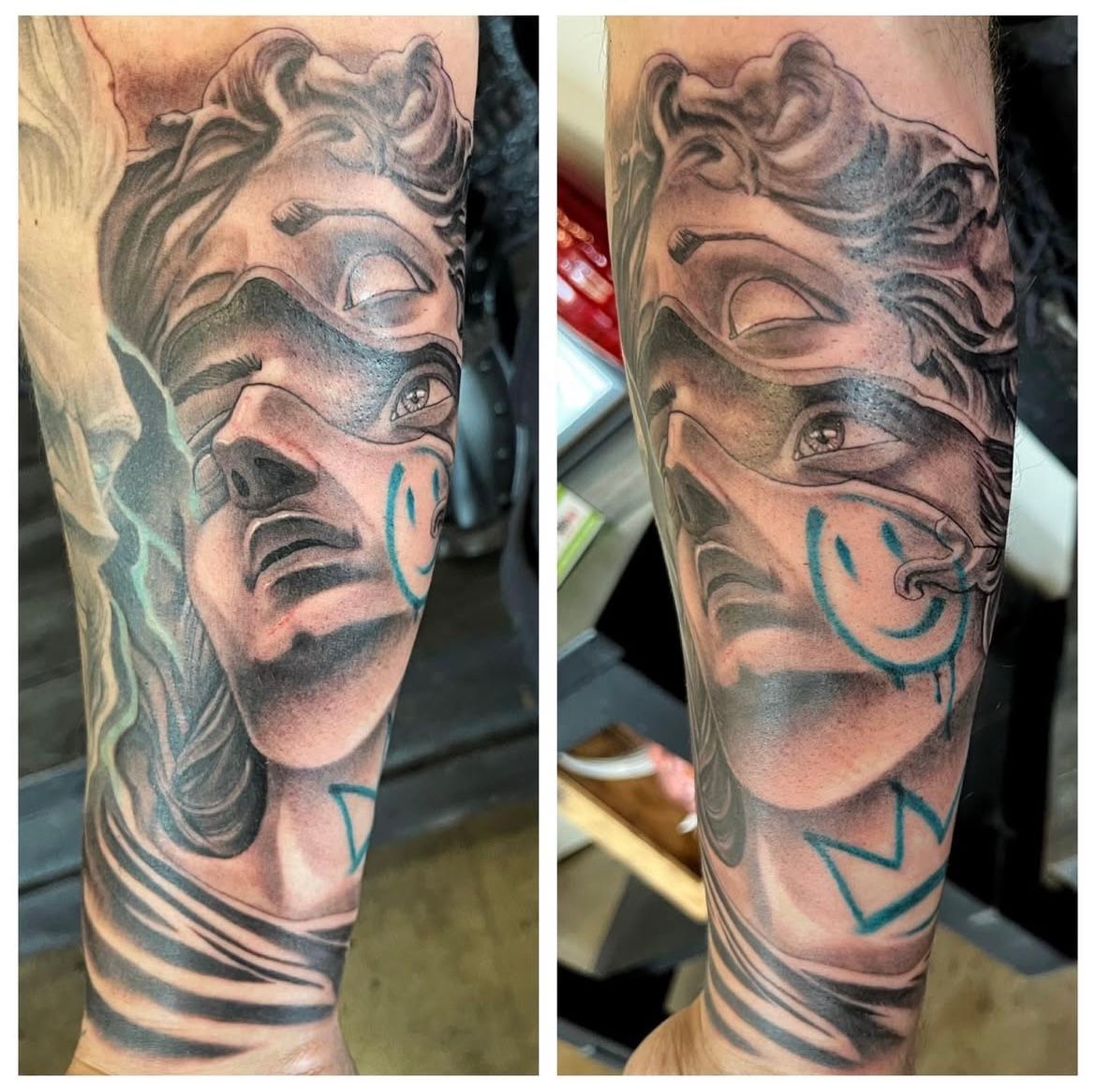 Mythology Statue Tattoo by Chad Lavers at Crimson Empire Tattoo in Edmonton Alberta Canada