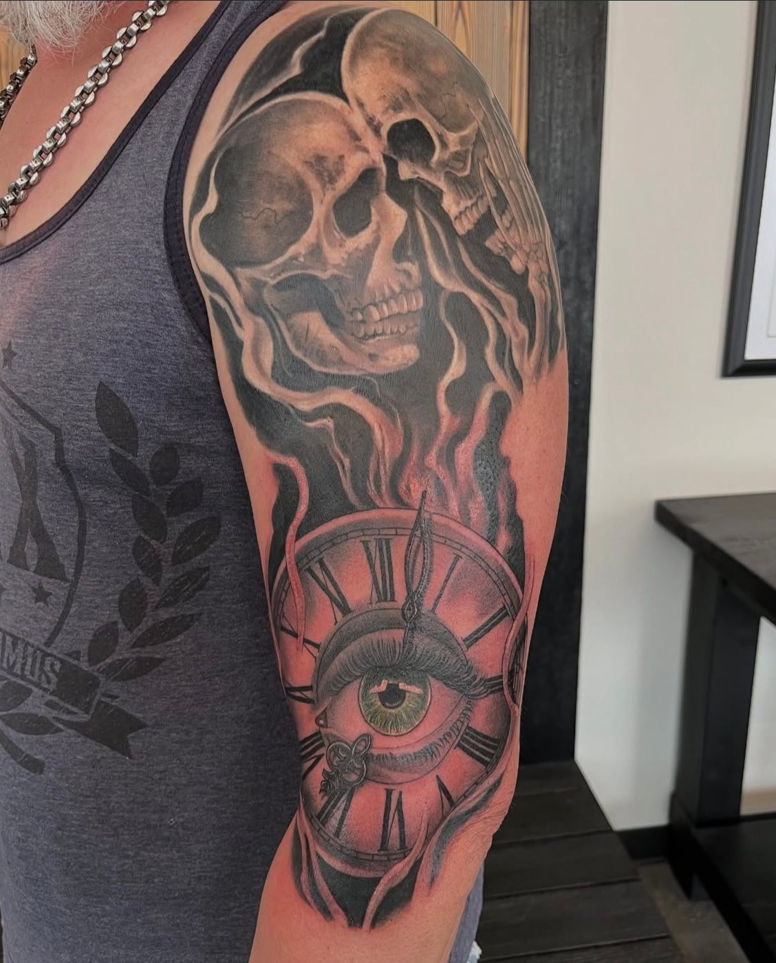 Skeletons and Clock Tattoo by Chad Lavers at Crimson Empire Tattoo in Edmonton Alberta Canada