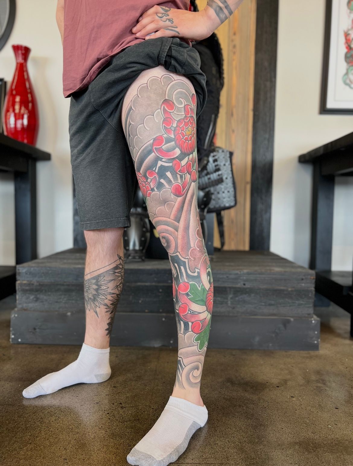 Crysanthemum Leg Sleeve by Curt Semeniuk at Crimson Empire Tattoo in Edmonton Alberta Canada