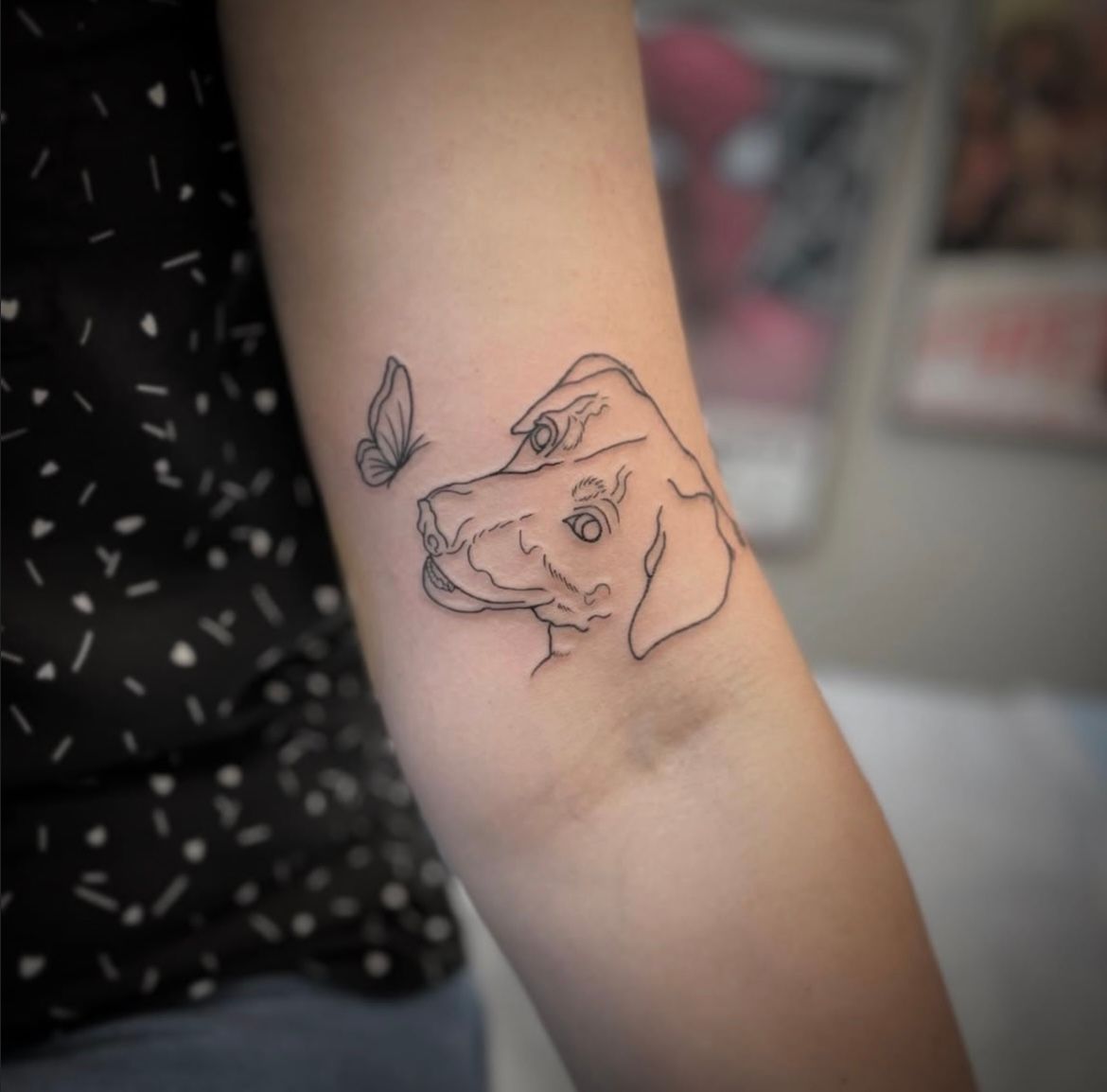 Dog and Butterfly Tattoo by Jess Alther at Black Gold Tattoo Co in Edmonton Alberta Canada