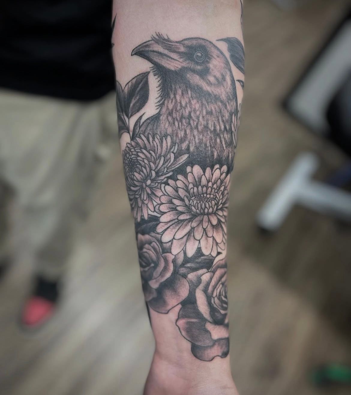 Raven and Floral Tattoo by Jess Alther at Black Gold Tattoo Co in Edmonton Alberta Canada
