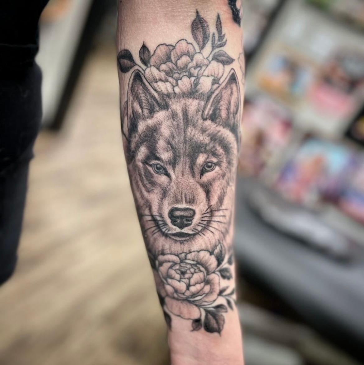 Wolf and Floral Tattoo by Jess Alther at Black Gold Tattoo Co in Edmonton Alberta Canada