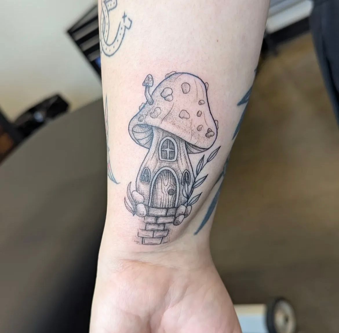 Mushroom House Tattoo by Samantha Hnatiw at Crimson Empire Tattoo in Edmonton Alberta Canada