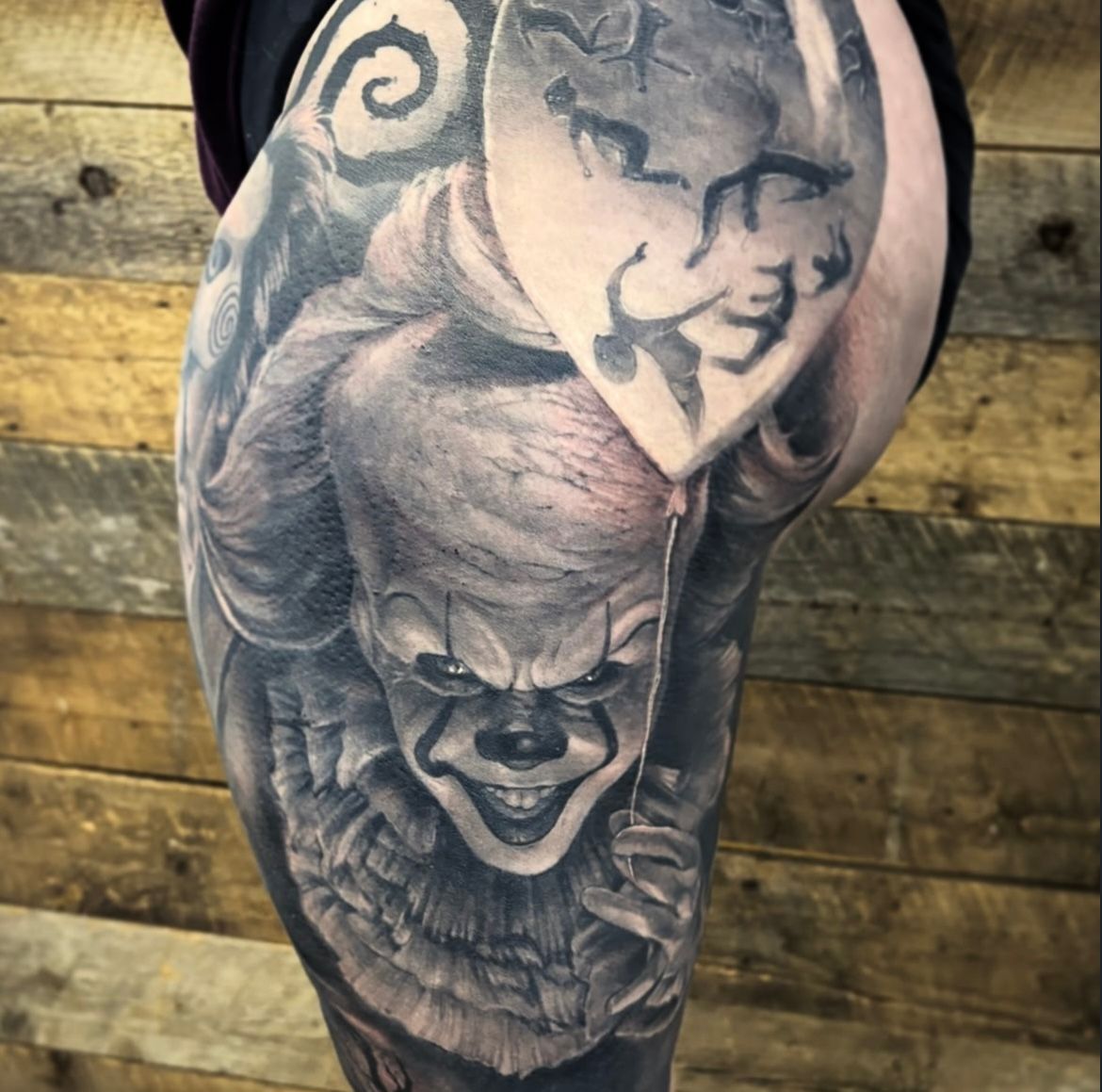 Pennywise Horror Leg Sleeve by Sarah Michelle at Crimson Empire Tattoo in Edmonton Alberta Canada