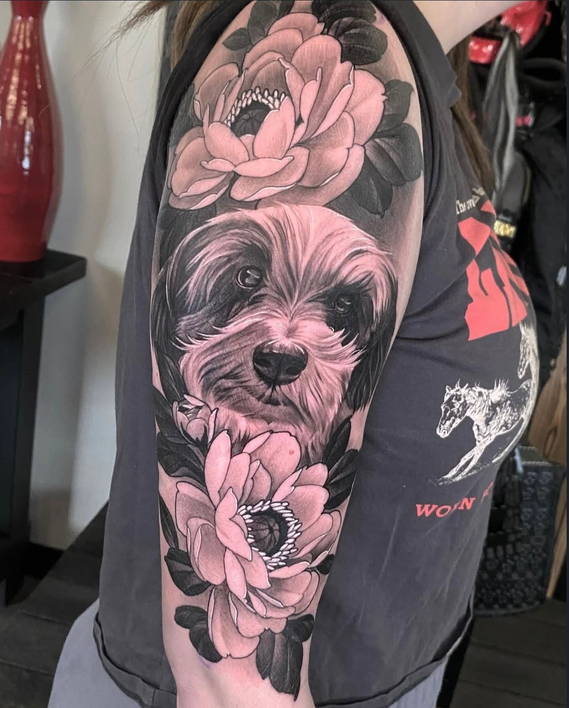 Dog Portrait and Peonies Tattoo by Sasha Day at Crimson Empire Tattoo in Edmonton Alberta Canada