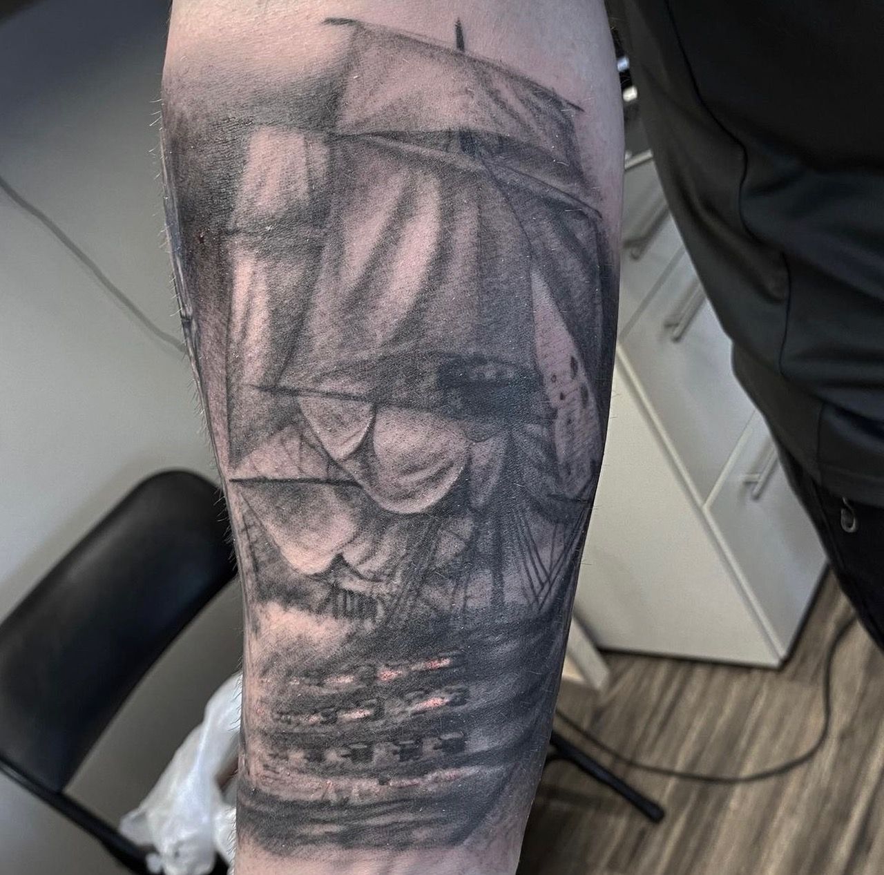 Pirate Ship Tattoo by Steve Hayes at Black Gold Tattoo Co in Edmonton Alberta Canada