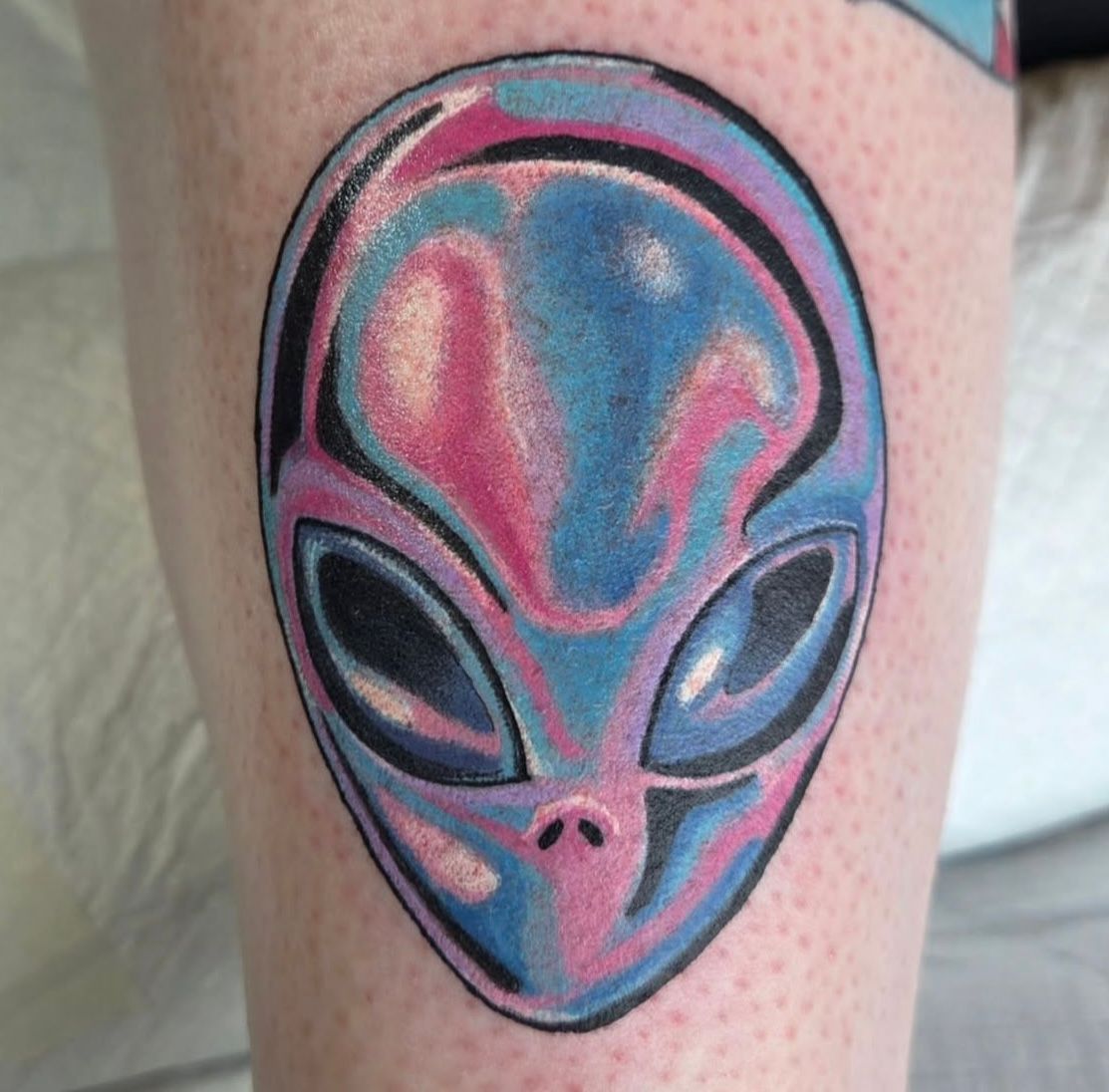 Chrome Alien Tattoo by Sheila Anderson at Crimson Empire Tattoo in Edmonton Alberta Canada