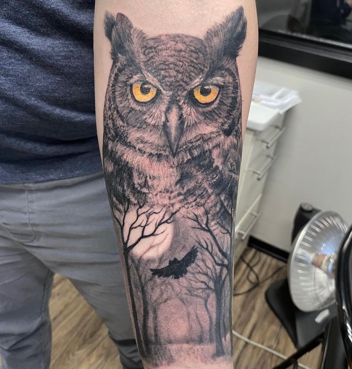 Owl Tattoo by Steve Hayes at Black Gold Tattoo Co in Edmonton Alberta Canada
