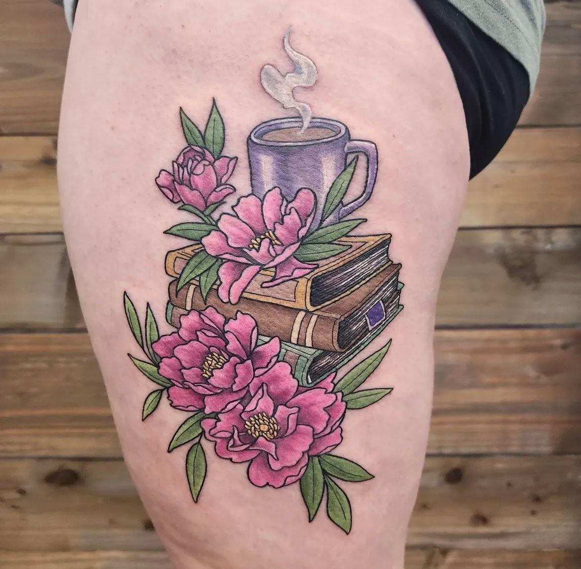 Books, Floral and Coffee Tattoo by Sheila Anderson at Crimson Empire Tattoo in Edmonton Alberta Canada