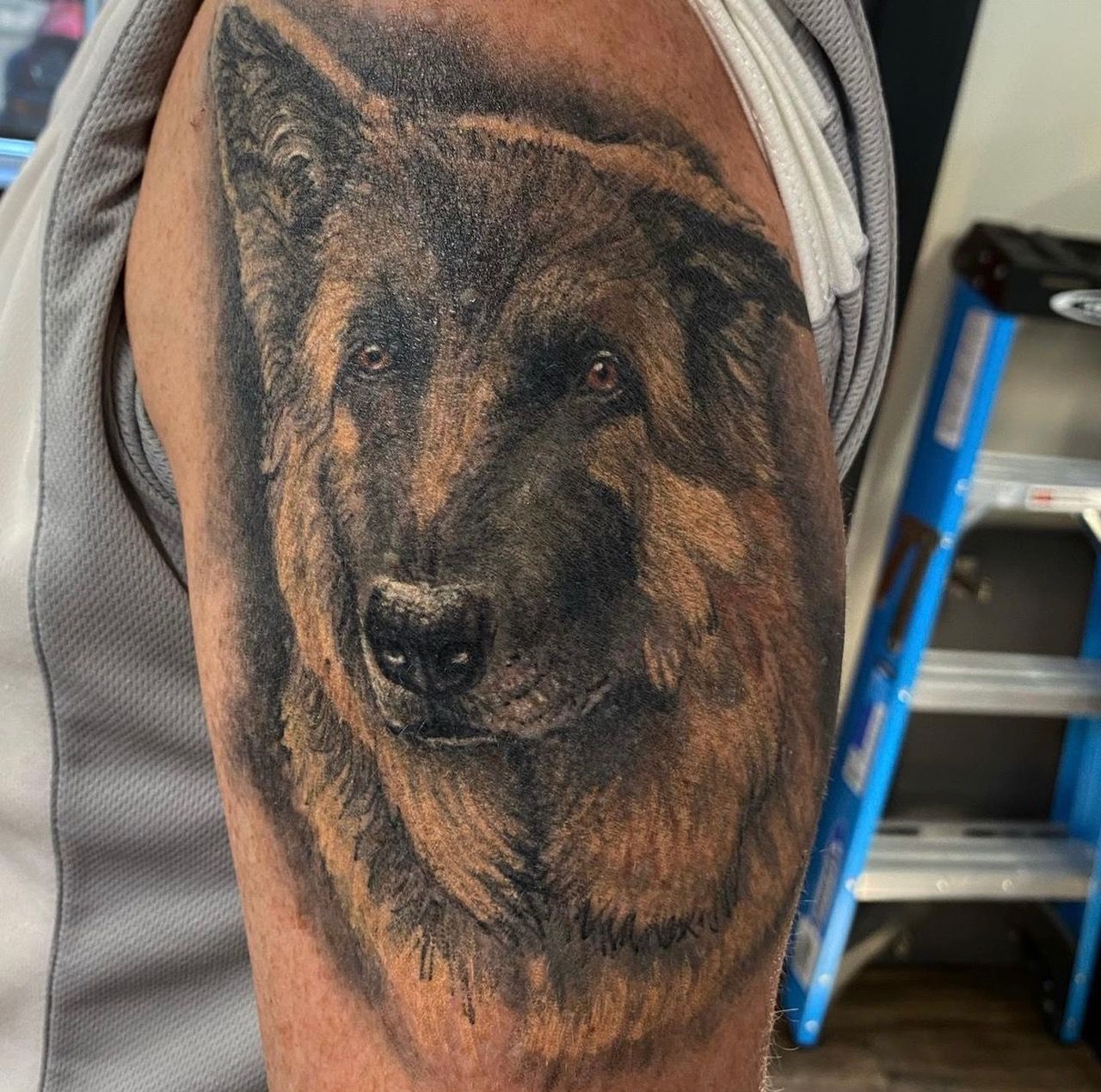 Dog Portrait Tattoo by Steve Hayes at Black Gold Tattoo Co in Edmonton Alberta Canada