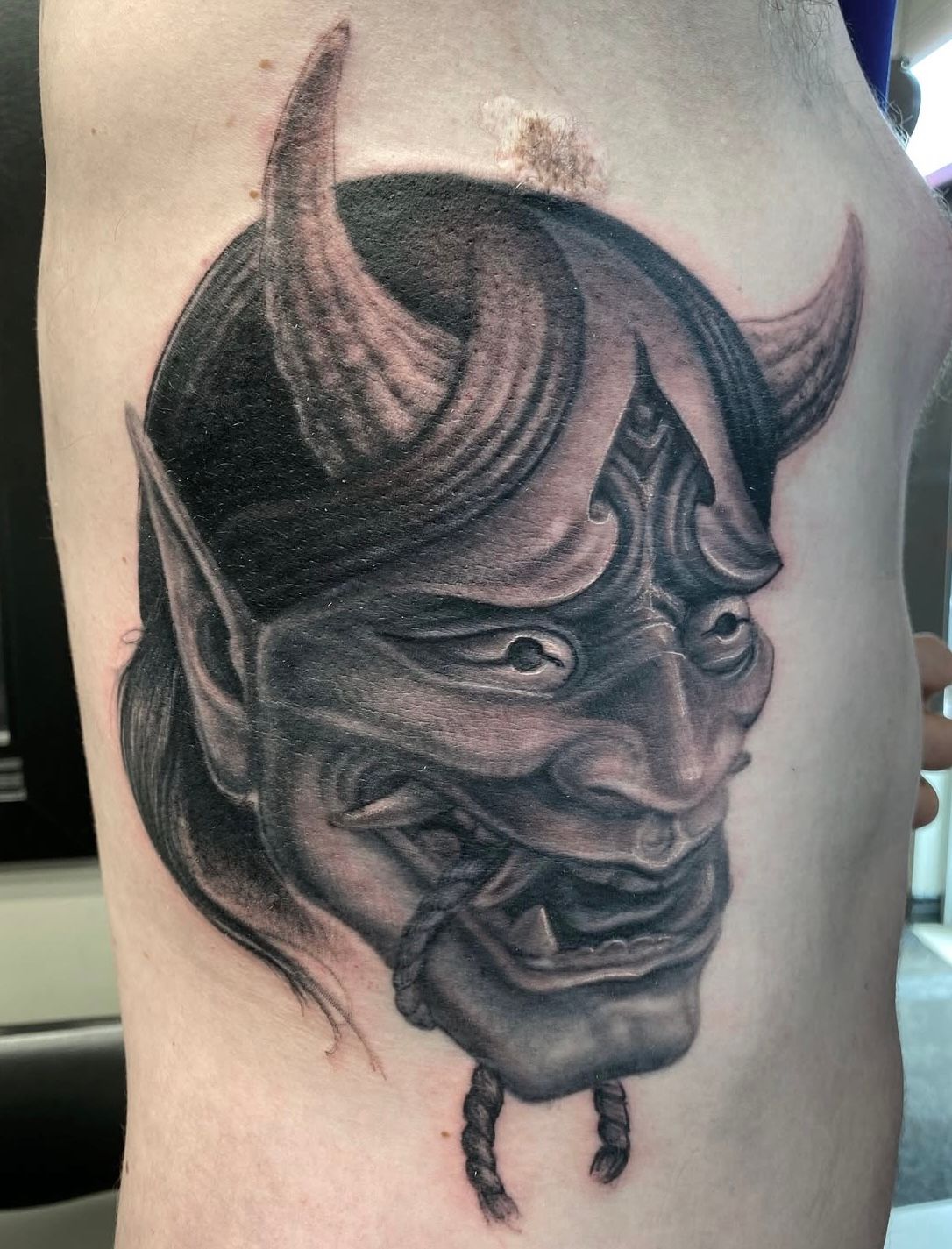 Hannya Mask Tattoo by Steve Hayes at Black Gold Tattoo Co in Edmonton Alberta Canada