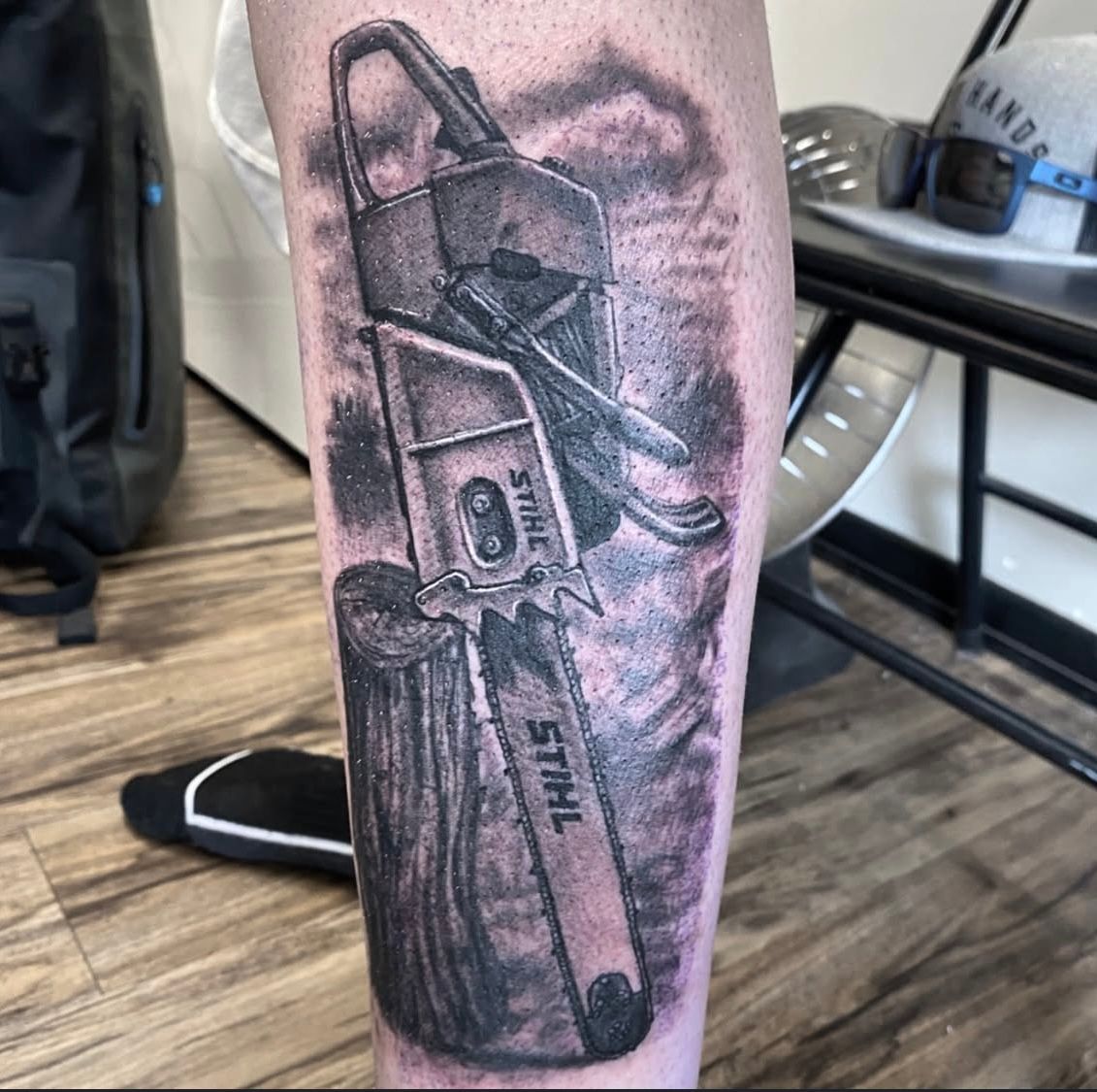 Chainsaw Tattoo by Steve Hayes at Black Gold Tattoo Co in Edmonton Alberta Canada