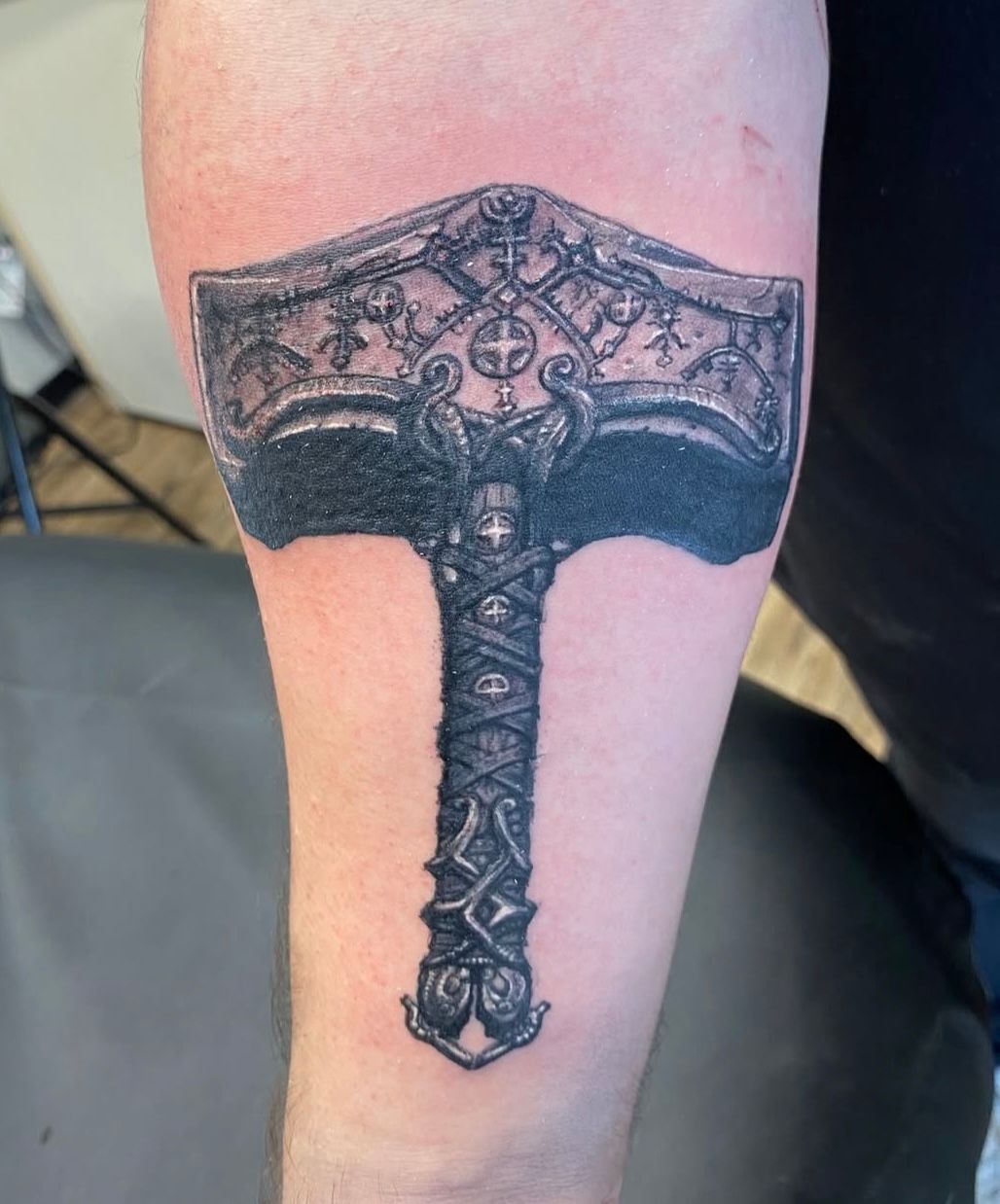 Thors Hammer Tattoo by Steve Hayes at Black Gold Tattoo Co in Edmonton Alberta Canada