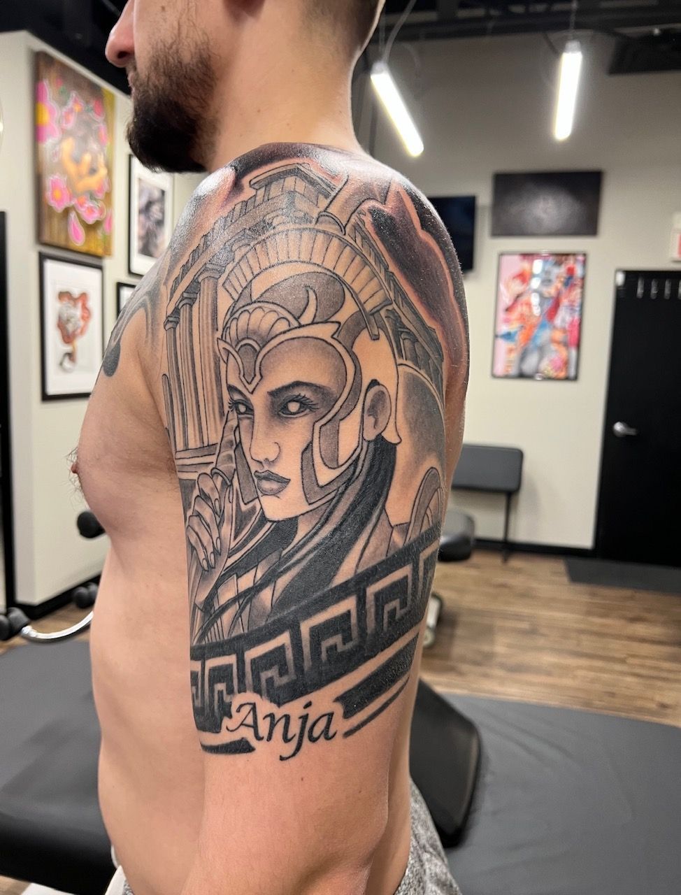 Athena Tattoo by Trevor Pelletier at Black Gold Tattoo Co in Edmonton Alberta Canada