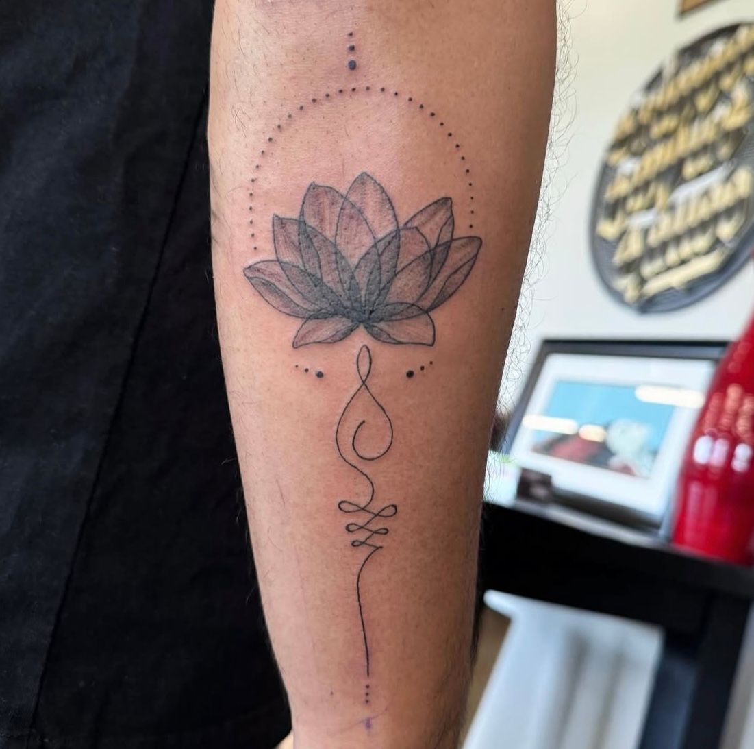 Lotus and Unalome Tattoo by Vinny Nguyen at Crimson Empire Tattoo in Edmonton Alberta Canada