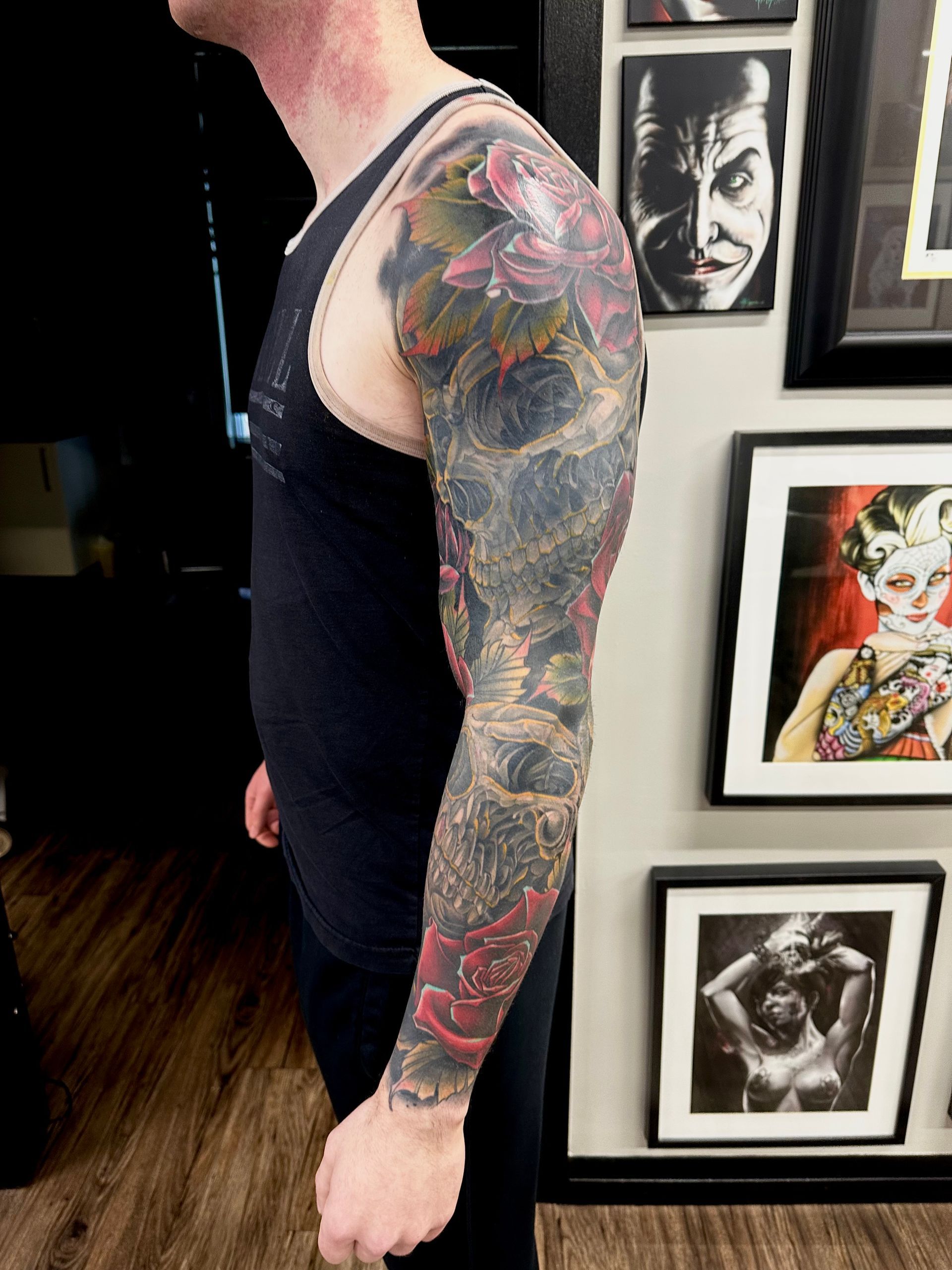 Skulls and Roses Sleeve by Brain Dangerfield at Black Gold Tattoo Co in Edmonton Alberta Canada