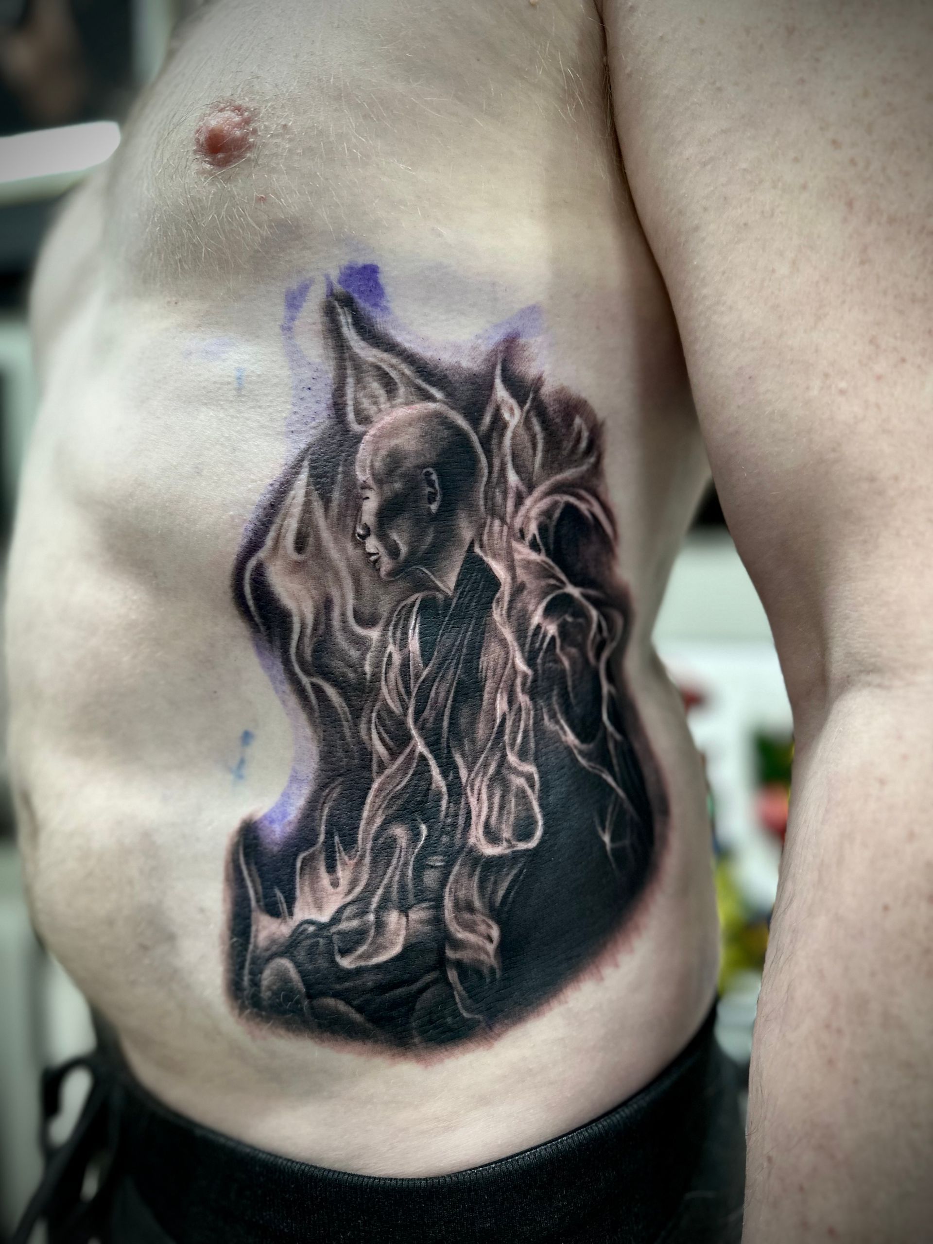 Burning Monk Tattoo by Jackson Sukhov at Black Gold Tattoo Co in Edmonton Alberta Canada