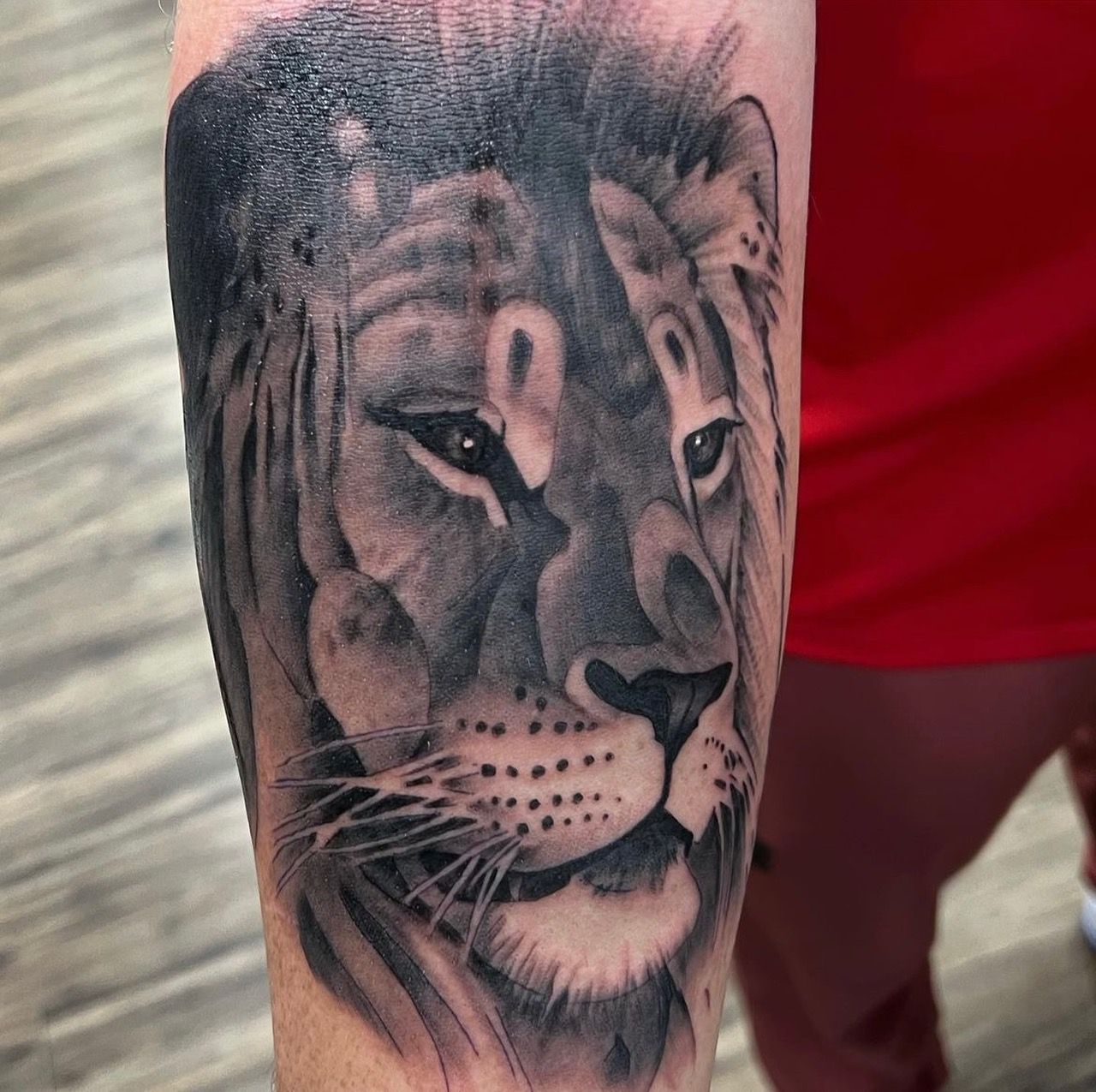 Lion Tattoo by Trevor Pelletier at Black Gold Tattoo Co in Edmonton Alberta Canada