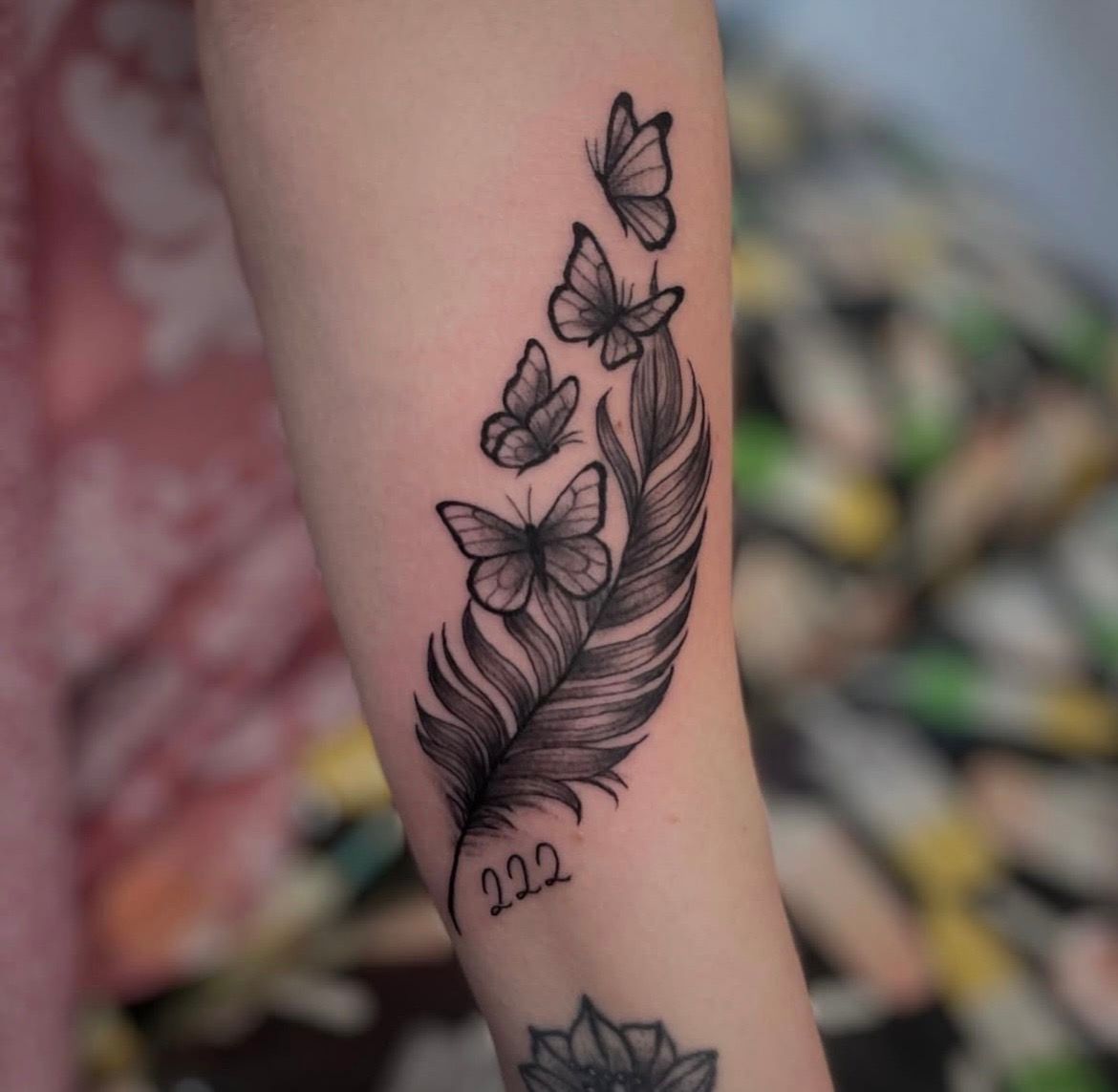 Feather and Butterflies Tattoo by Jess Alther at Black Gold Tattoo Co in Edmonton Alberta Canada