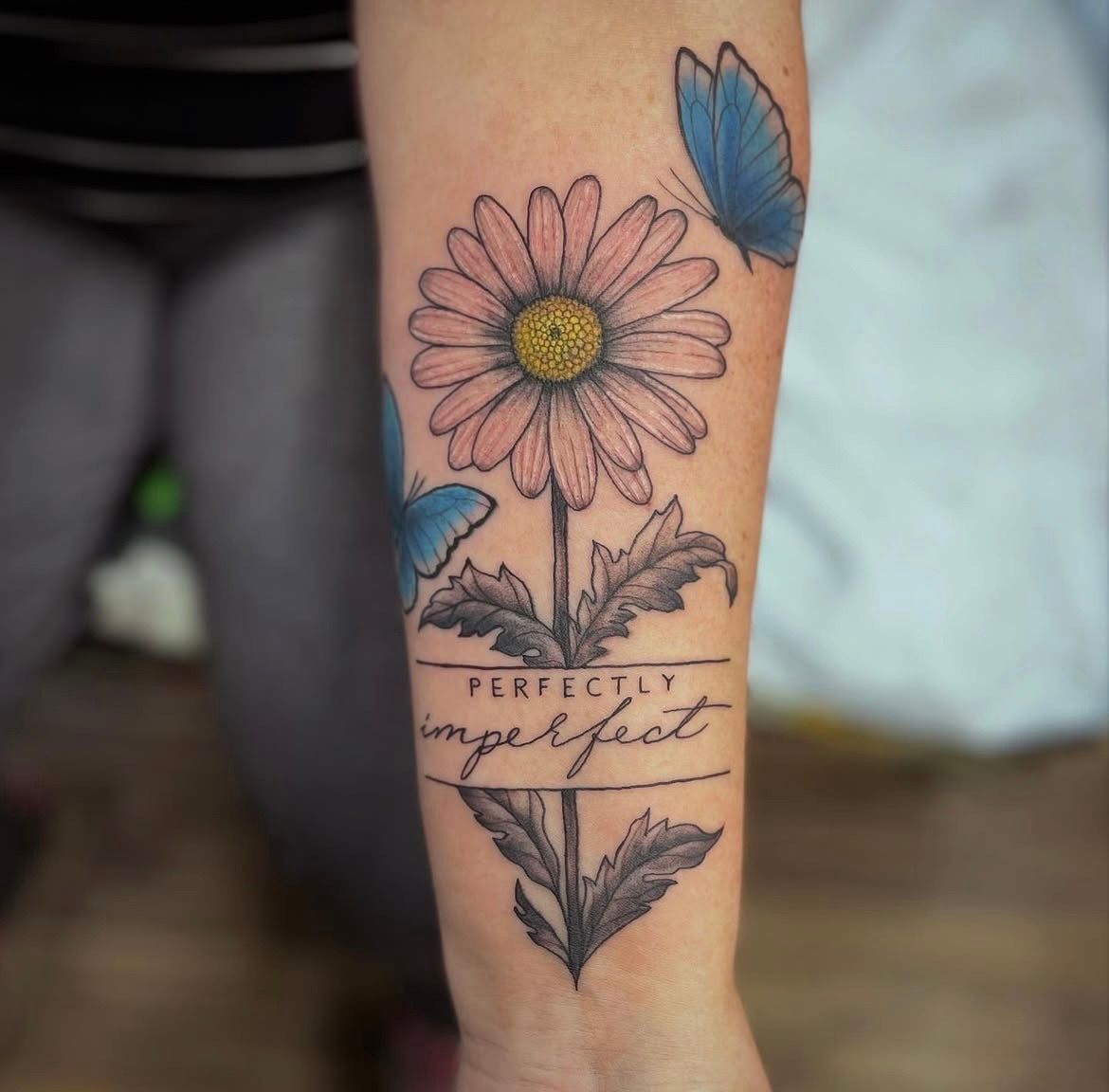 Floral, Butterfly and Script Tattoo by Jess Alther at Black Gold Tattoo Co in Edmonton Alberta Canada